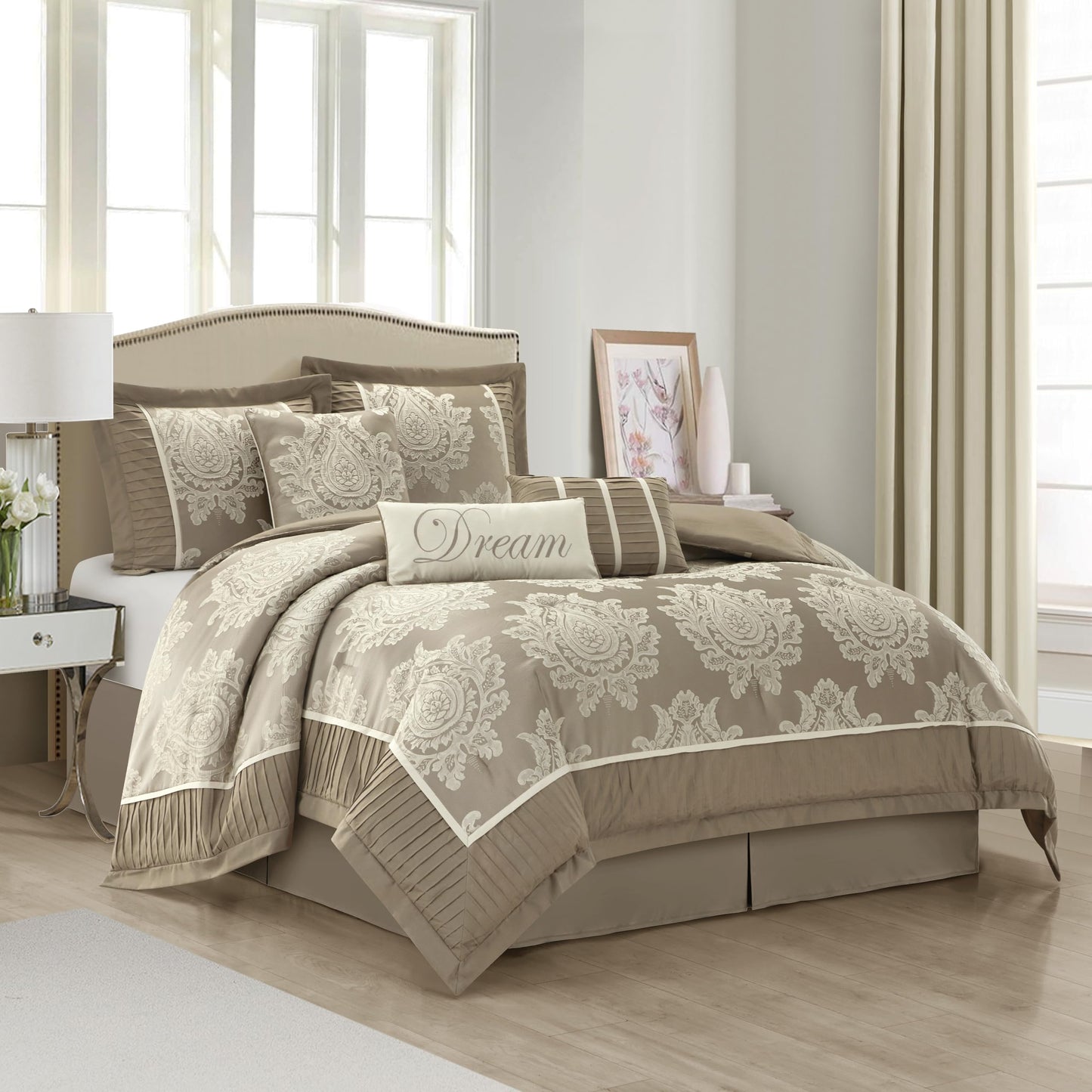 Stratford Park Beige Comforter Set King Size,7 Pieces Jacquard Bedding Set, All Season, Matching Bedskirt, Pillows & Shams