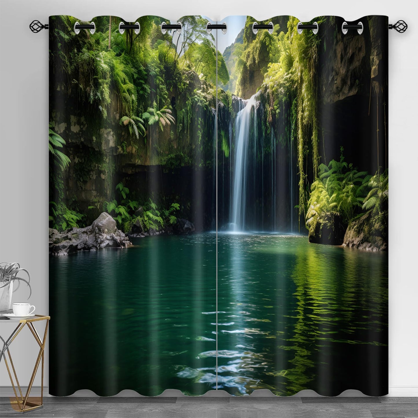 JAXIUOF Green Forest Curtains for Living Room 63 Inch Long 2 Panels, 3D Waterfall Blackout Curtains, Tropical Jungle Window Treatments for Living Room Bedroom Dining Room Office