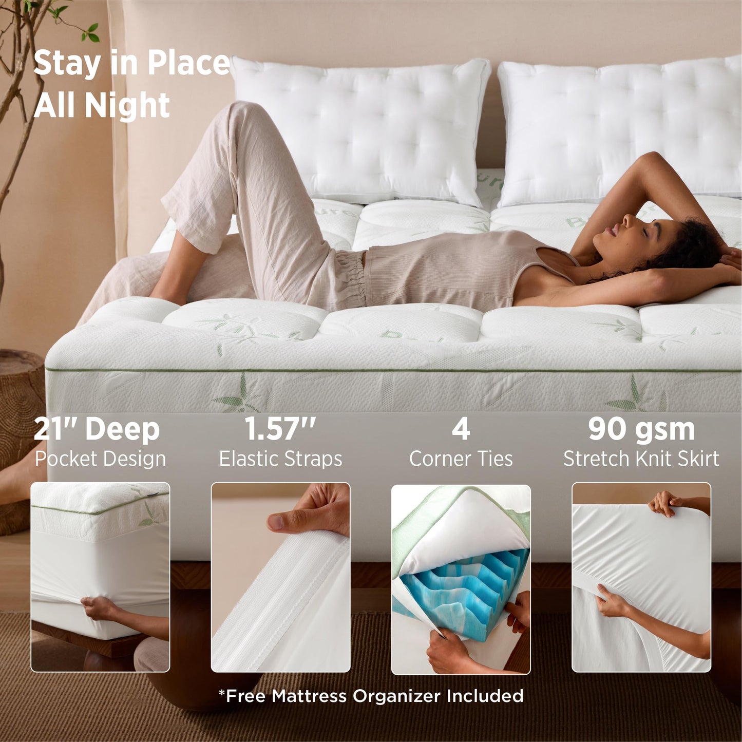 Bedsure 2-in-1 Mattress Topper, 5 Inch Memory Foam Mattress Topper Queen, 3 Inch Memory Foam + 2 Inch Viscose Made from Bamboo Mattress Topper Pad Cover, Flippable Memory Foam with Dual Comfort, White