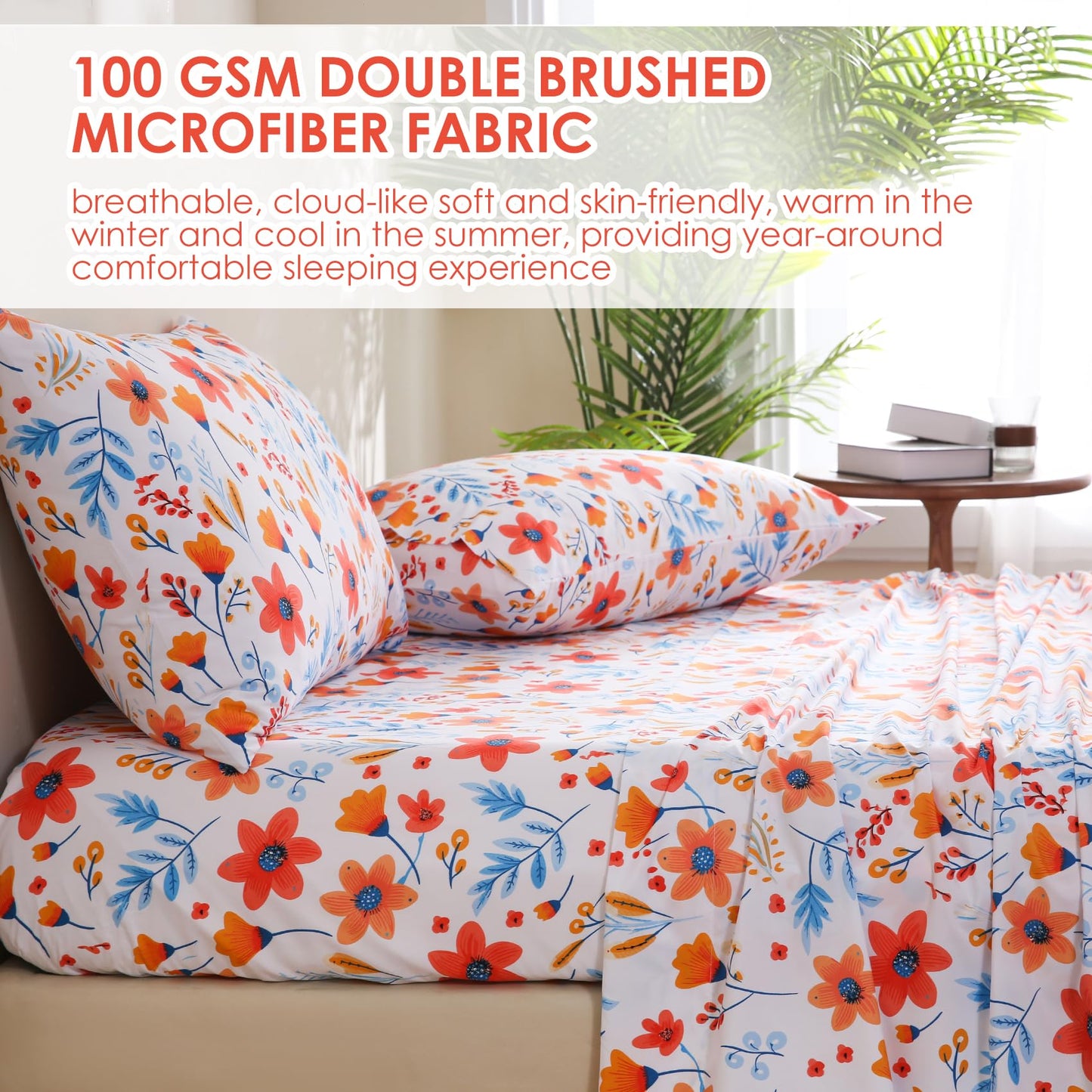 JSD Spring Floral Printed Sheet Set Queen Size, 4 Piece Flower Pattern Microfiber Bed Sheets Deep Pocket