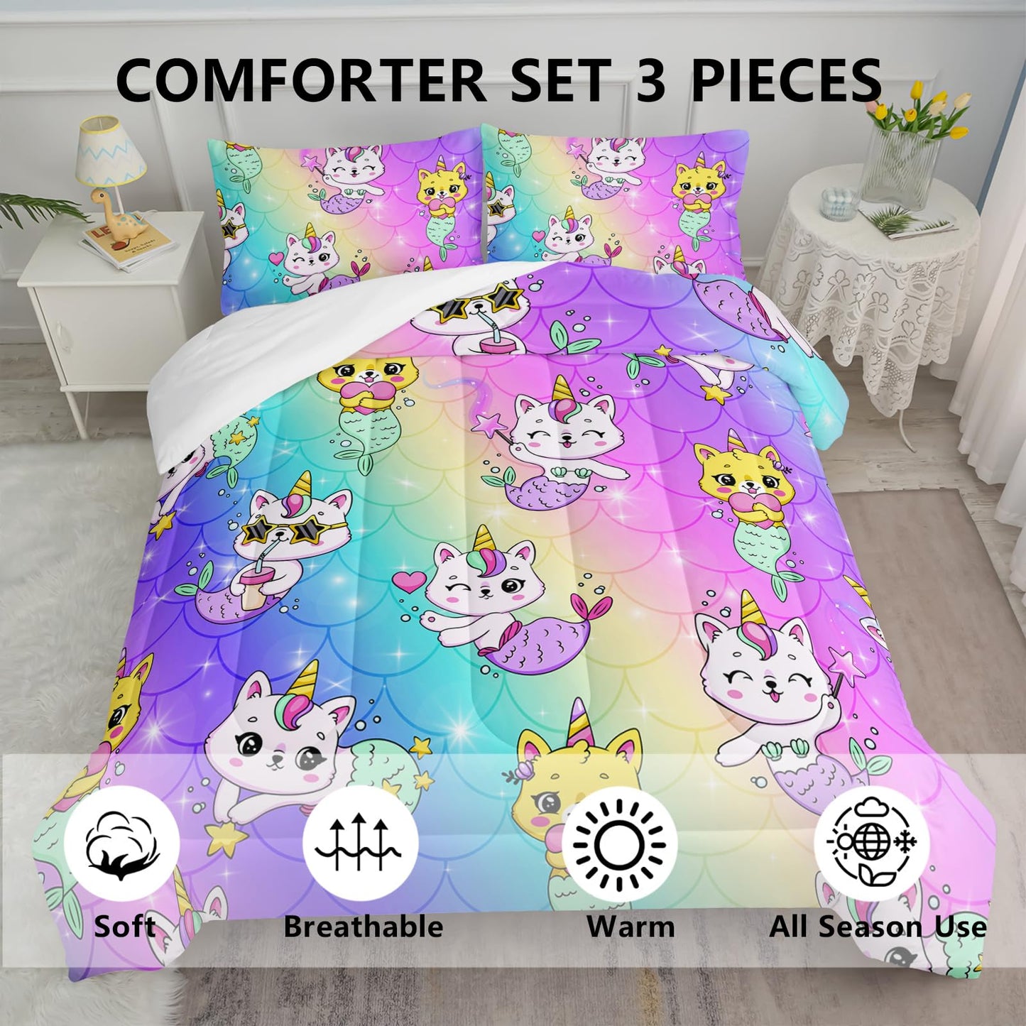 Axolotl Unicorn Cat Bedding Full,Cute Cartoon Cat Comforter Set,Rainbow Mermaid Scales Printed Kids Bedding Set for Girls Kids Adults Teens,Girls Comforter,1 Quilt 2 Pillowcases,Pink Blue Purple