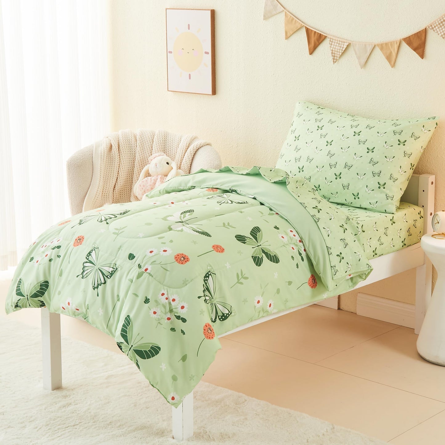 Mooreeke 4 Pieces Toddler Bedding Set - Soft Sage Green Butterfly Toddler Comforter Sets for Girls, Includes Quilted Comforter, Flat Sheet, Fitted Sheet and Pillowcase, Bed in A Bag for Baby Bedroom