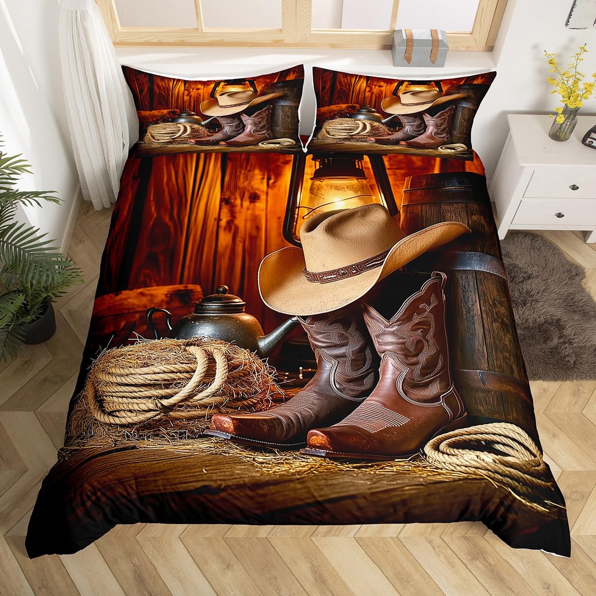 Feelyou Western Decor Duvet Cover Retro Cowboy Style Bedding Set Wild West Themed Comforter Cover for Boys Teens Men Grunge Design Bedspread Cover Queen Size with 2 Pillow Case