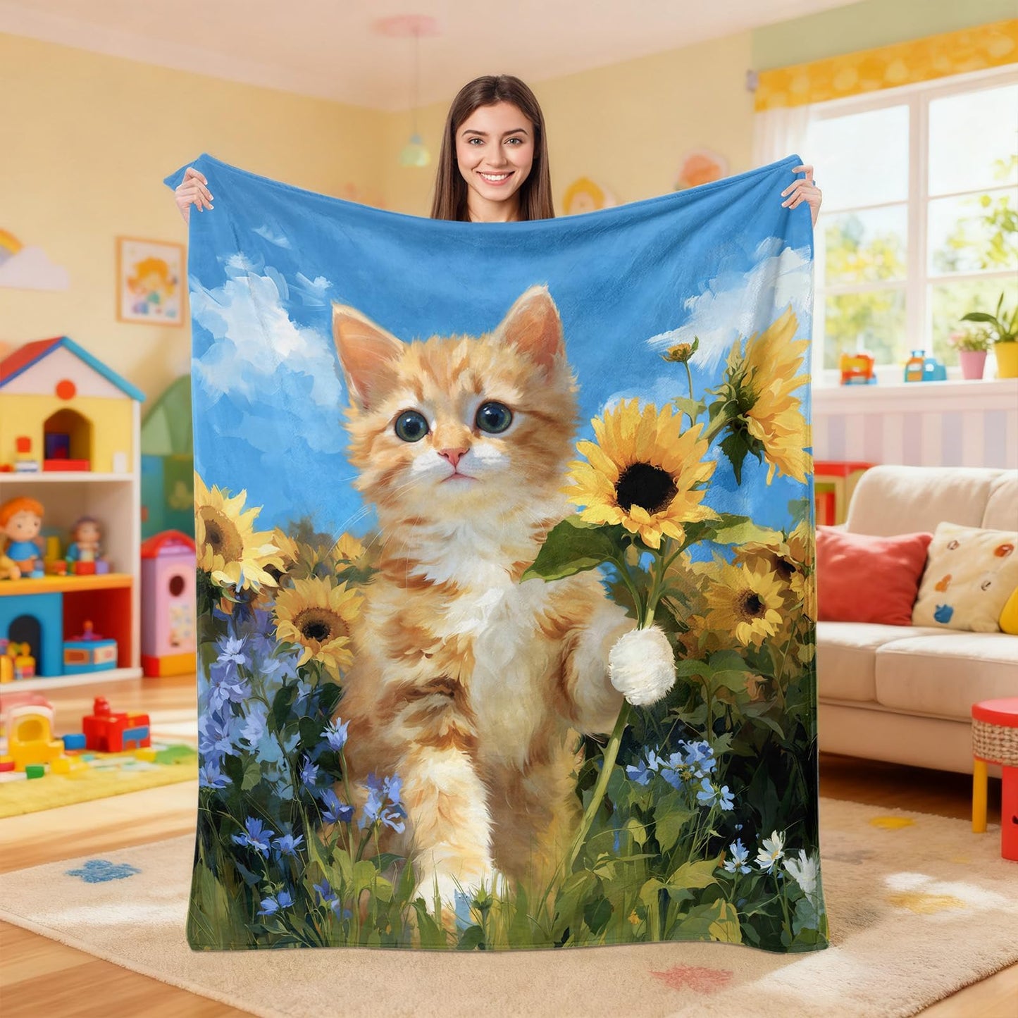 kampdream Orange Cat and Sunflower Flannel Blanket Throw, Super Soft Cozy Nap Blanket with Fun Animal Pattern for Sofa Travel and Camping, for All Seasons 50"x60" inch Yellow Blue Kitty