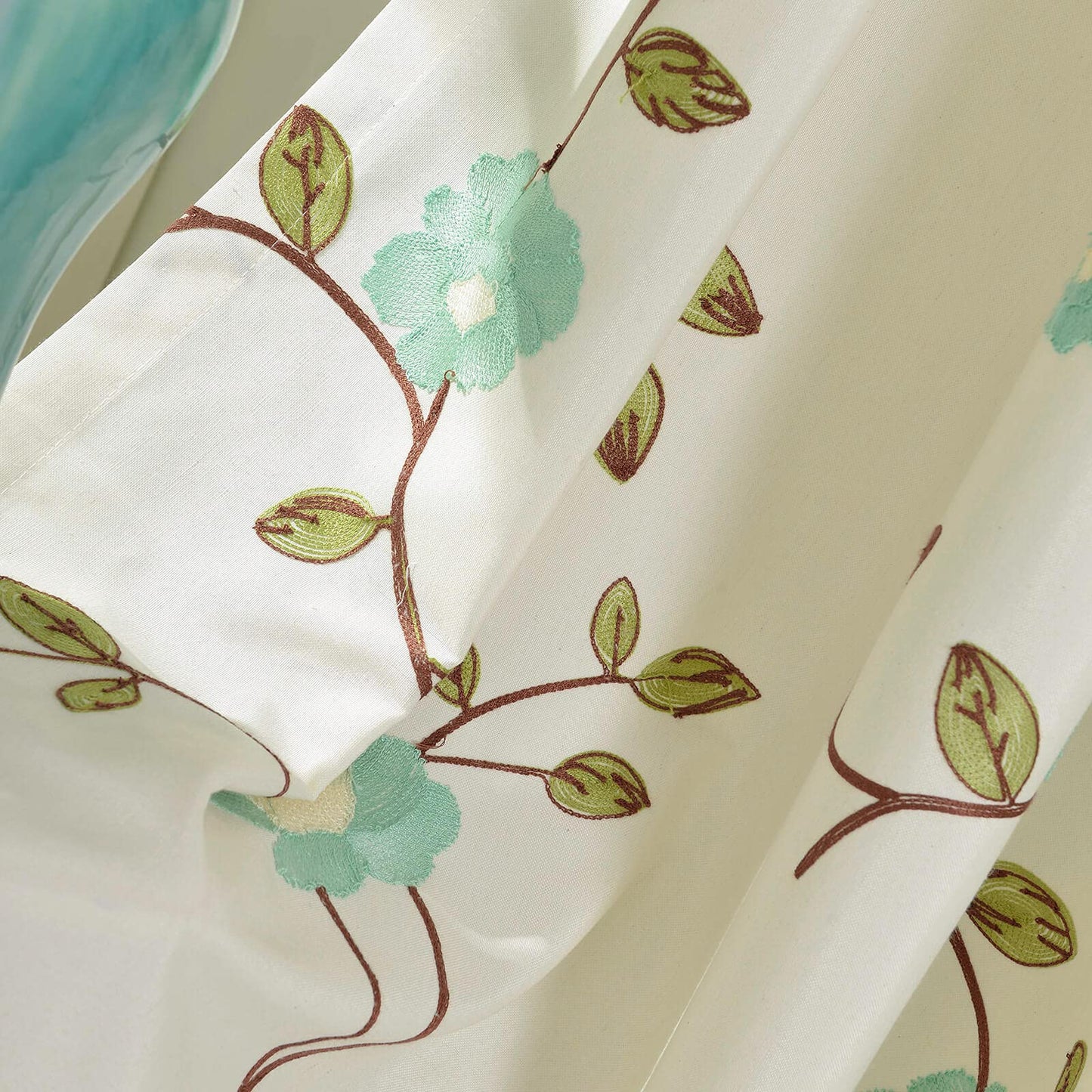 VOGOL White Linen Curtains 63 inch Length Blue Floral Embroidered Grommet Window Panels for Bedroom, W52xL63, 2-Panel Pack