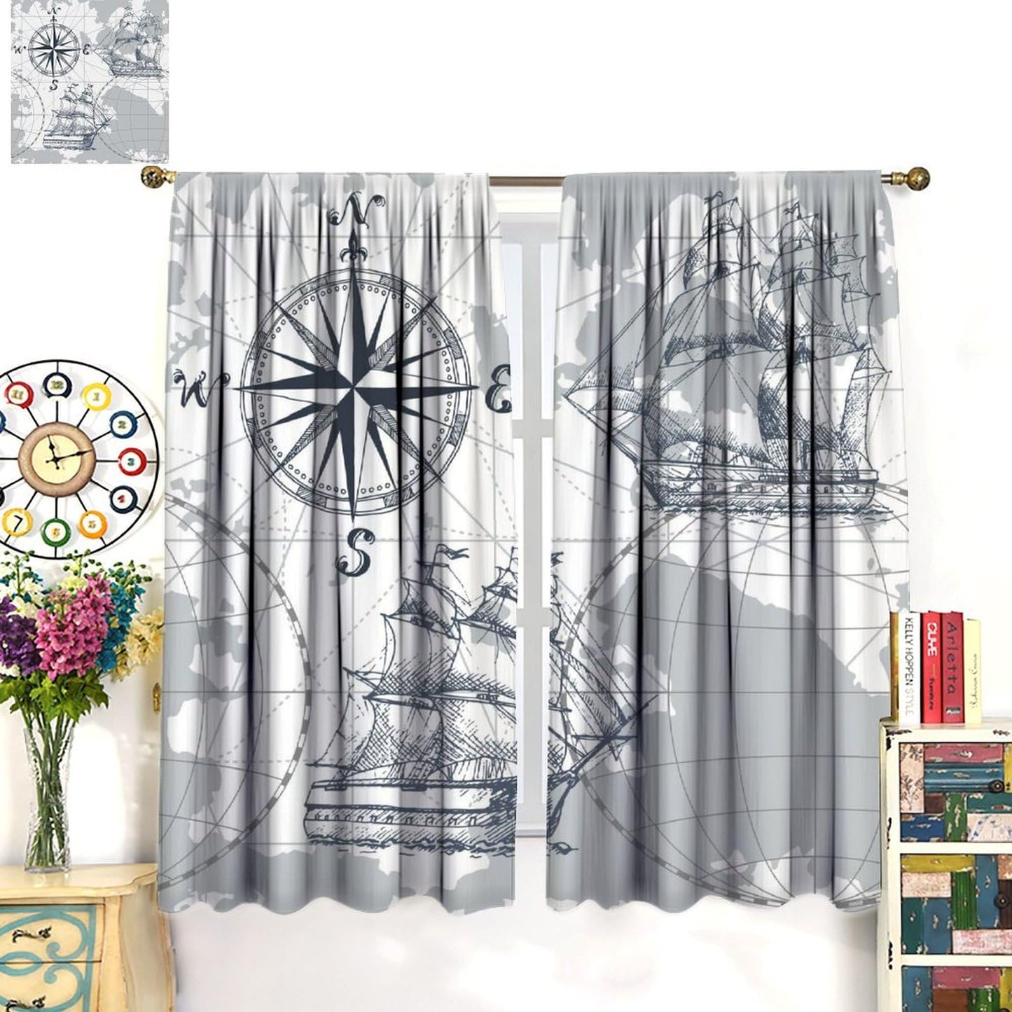 XBDDZSW Nautical Sailboat Map Curtains Sketch Pirate Ship Wheel Compass Starfish Coral Reef Nautical Map Pattern Print Window Drapes for Bedroom Living Room Kitchen Decor,2 Panel Set,42x45 Inch Decor