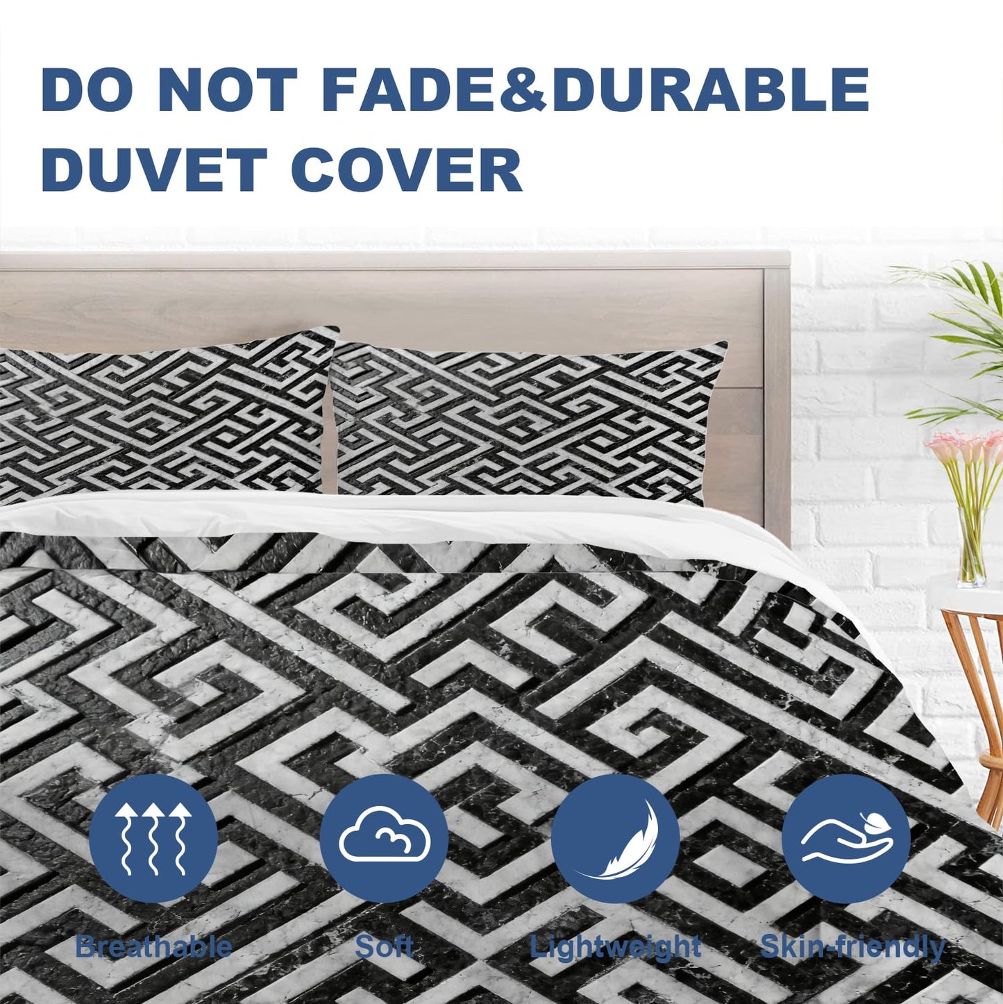 Batmerry Greek Key Geometric King Size 100% Cotton Duvet Cover Sets, Modern Texture Monochrome Swatch Bedding Set with Zipper Closure Corner Ties, 3 Pieces (1 Cover + 2 Pillowcases No Comforter)