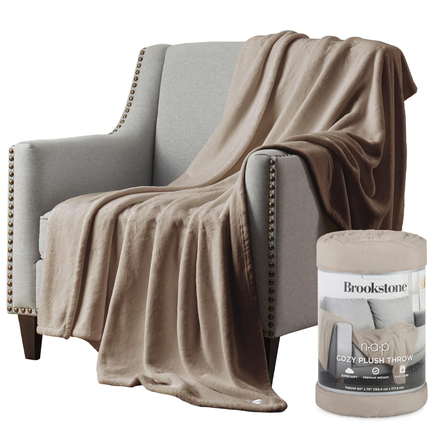 Brookstone Nap Plush Throw Blanket for Couch | Warm & Super Soft Blanket with Unmatched Heavy, Dense, and Ultra-Comfy Throw | Luxurious Drape, Cozying Up on a Sofa, Chair | Taupe