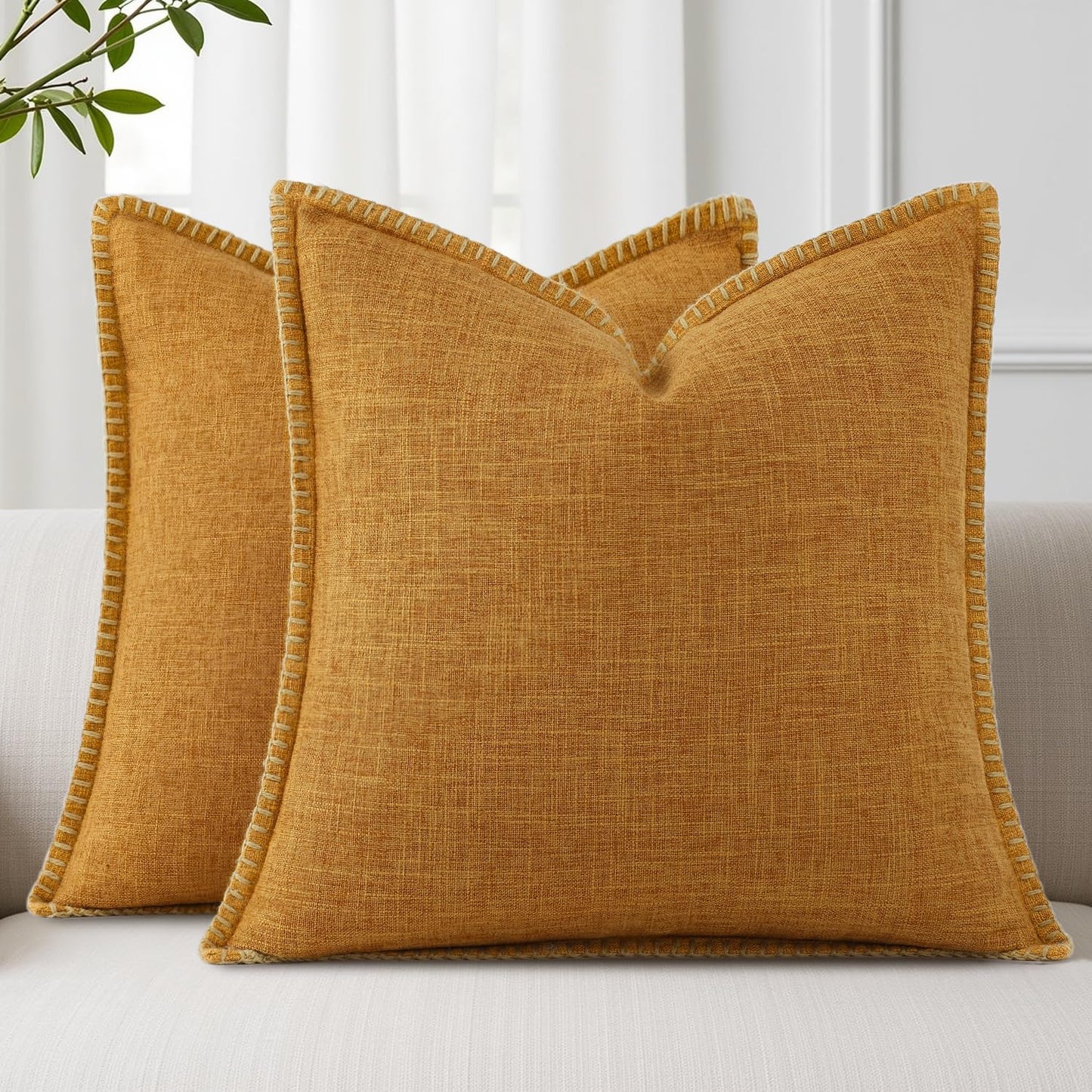 decorUhome Summer Decorative Throw Pillow Covers 22x22 Set of 2 Square Faux Linen Outdoor Neutral Farmhouse Euro Sham Pillow Covers with Stitched Edge for Couch Sofa Living Room, Bronze Gold