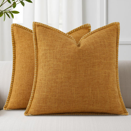 decorUhome Summer Decorative Throw Pillow Covers 22x22 Set of 2 Square Faux Linen Outdoor Neutral Farmhouse Euro Sham Pillow Covers with Stitched Edge for Couch Sofa Living Room, Bronze Gold