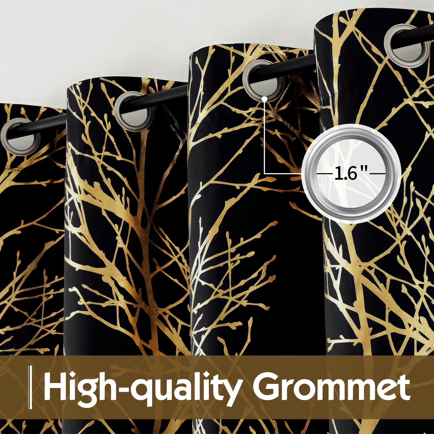 FMFUNCTEX 100% Blackout Curtains for Bedroom, Gold Foil on Black Curtains 84 Inches Long Curtains for Living Room, Metallic Tree Branch Print Drapes, Thermal Insulated Curtain Grommet Top 2 Panels
