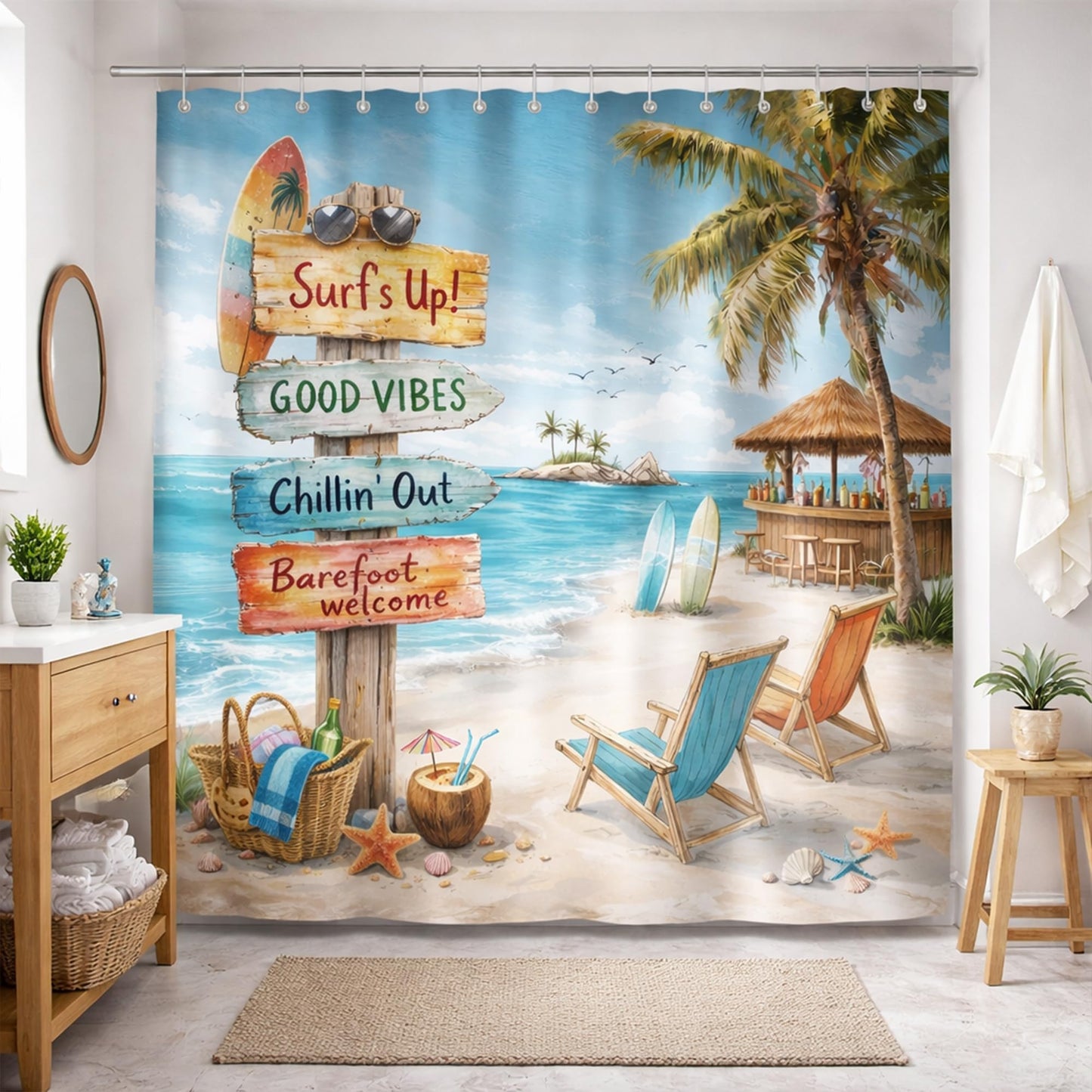 PAOPOED Beach Shower Curtain 72x72 Inch, Coastal Ocean Bathroom Curtain with Tropical Surf Sign, Waterproof Fabric, Farmhouse Summer Beach Decor, 12 Hooks Included