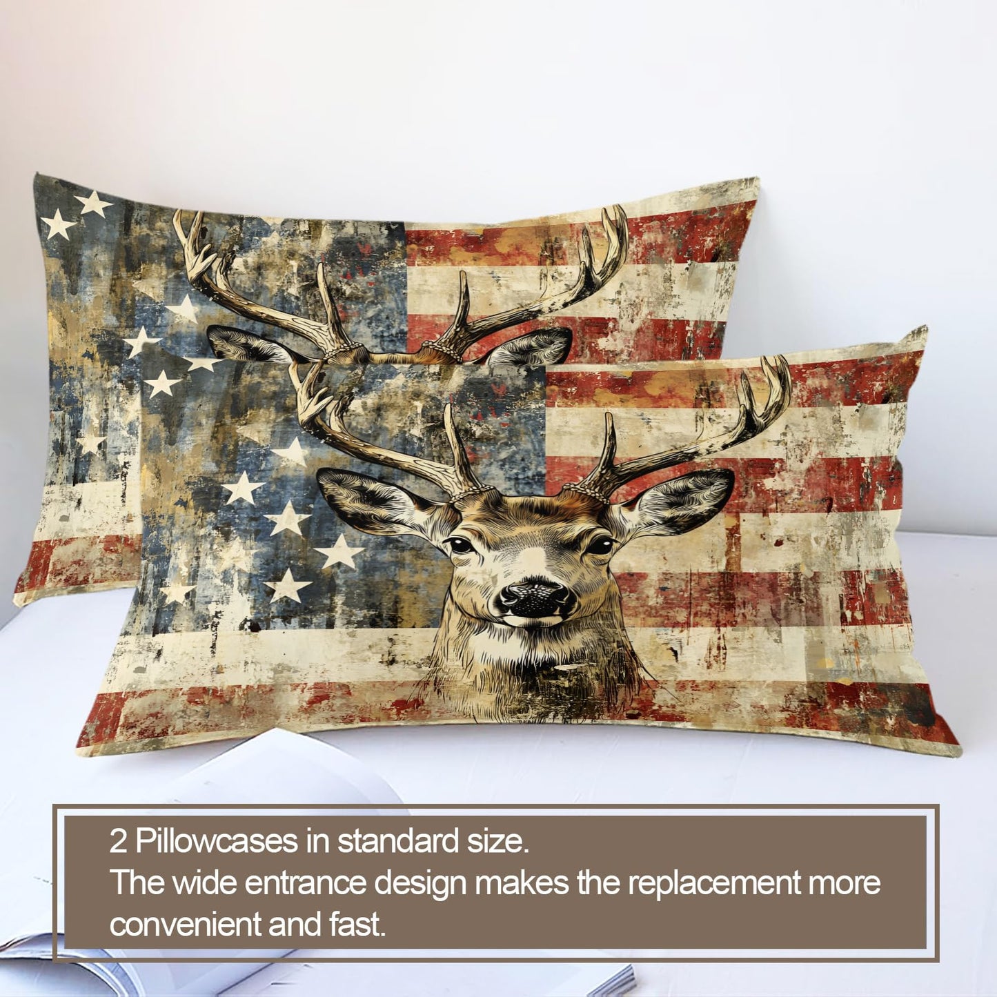 PAISUOQ Elk Duvet Cover Full, American Flag Bedding, Grunge Style Deer Comforter Cover with 2 Pillow Cases, 3 Pieces with Zipper & Ties, Bedroom Decor & Gifts