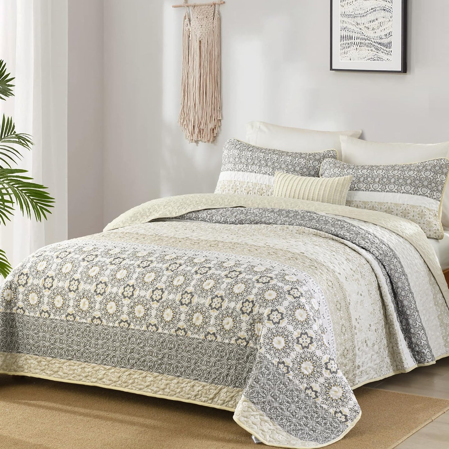 WONGS BEDDING Boho Quilt Set Queen Size,Beige Bohemian Striped Patchwork Bedspread Set,3 Pieces Microfiber Bedding Set for All Seasons (96"x90")