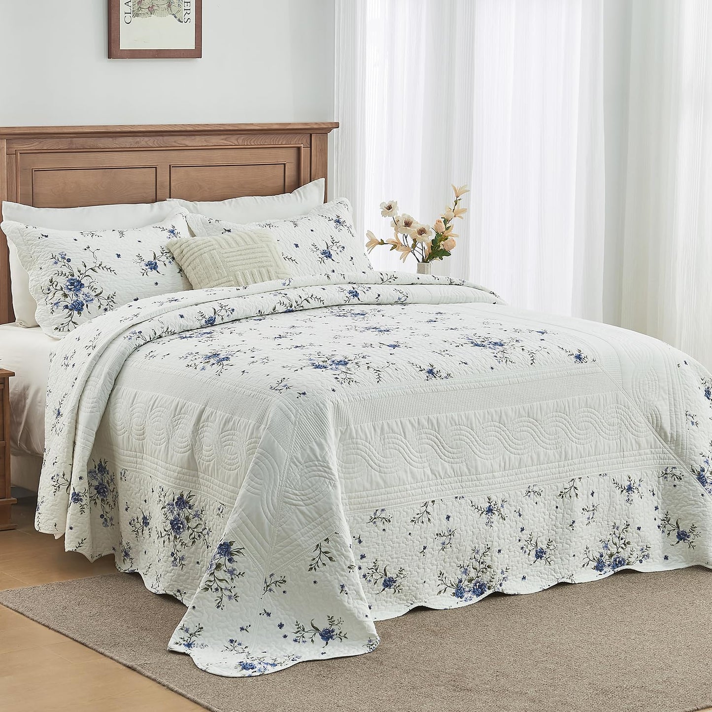 CozyStitch Floral Bedspread 128"x120" California King Quilt, 100% Cotton XL Oversized King Bedspread Coverlet Set with 2 Pillowshams, Lightweight Farmhouse Quilted Comforter, White/Blue/Green, 3 Pcs