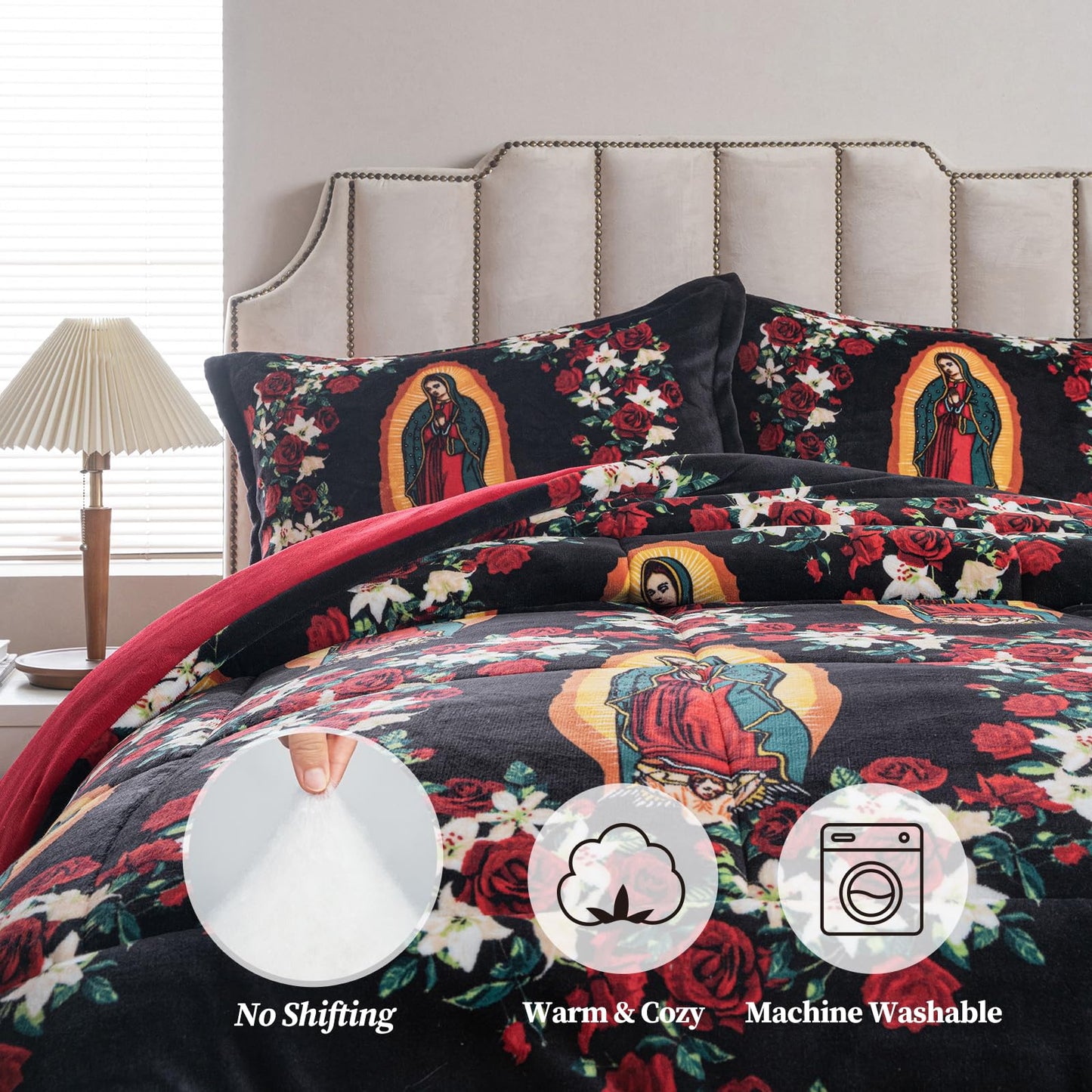 Petrichor Virgin Mary Guadalupe Velvet Flannel Queen Comforter Set-Luxury Fuzzy Heavy Bedding Set,3 Pieces Plush Winter Bed Set with Comforter (90"x90") & 2 Pillow Shams (20"x26")