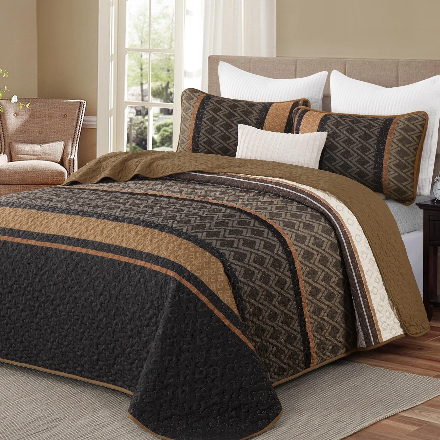 Dinjoy Queen Quilt Set Brown,Striped Bedspread Queen Size, Fall Bedding Sets 3 Pieces Micofiber Lightweight Quilts with 2 Pillow Shams Coverlet Bed Sets for Women Men 96''x90''