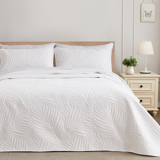 Exclusivo Mezcla Queen Quilt Bedding Set, Lightweight White Quilts Queen Full Size for All Seasons, Soft Microfiber Bedspreads Coverlets Bed Cover with Leaf Pattern, 3 Piece
