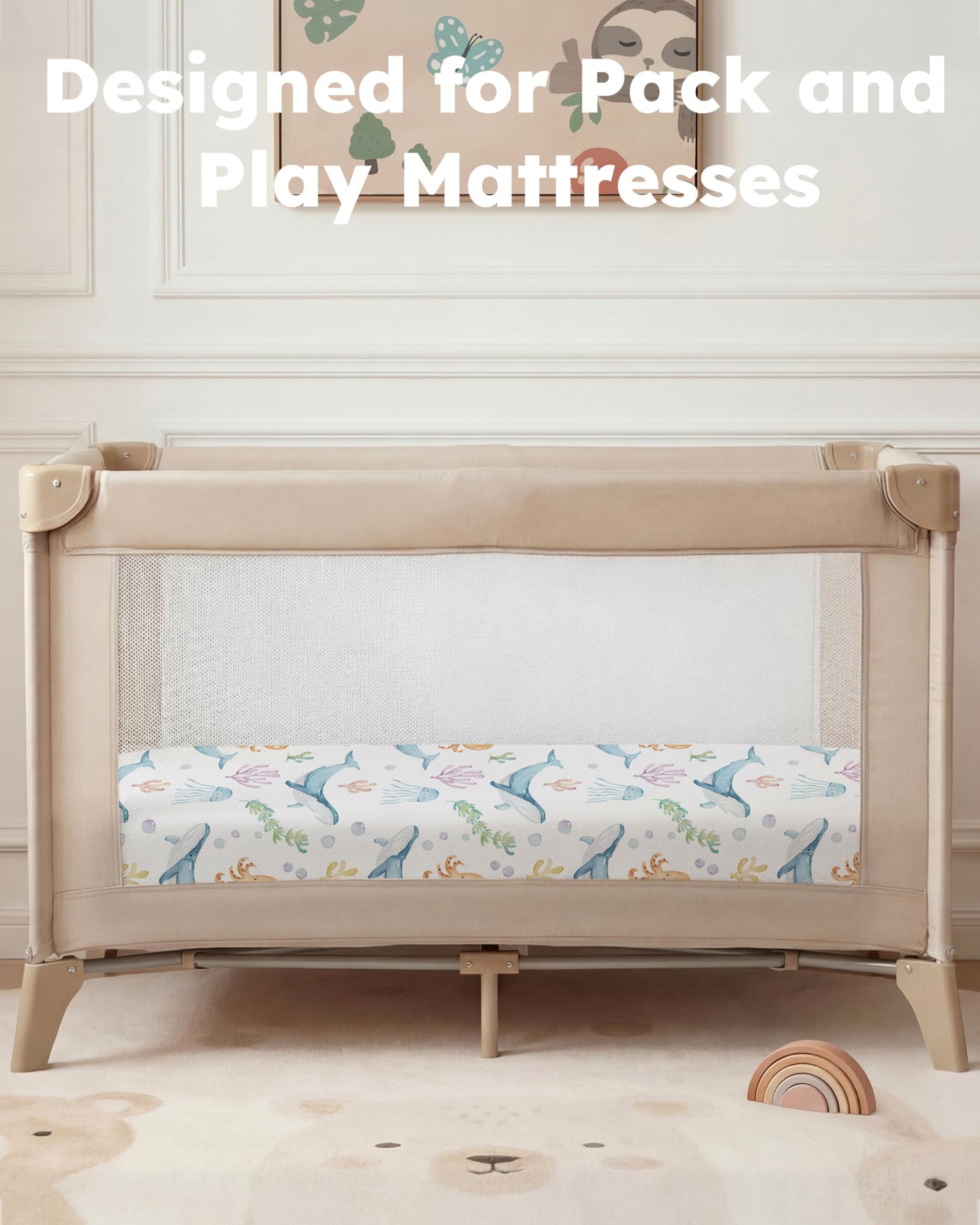 Nyessmee Pack and Play Sheets for Boys Girls, 38" x 26" Mini Crib Sheets Fitted for Pack n Play Mattress, Soft Breathable Playard Sheets, 2-Pack Blue Ocean
