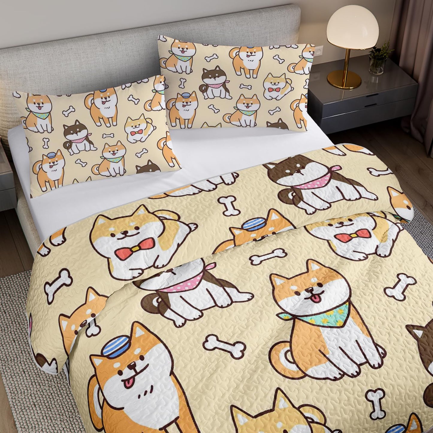 XYNHML Kawaii Corgi Dog Animal Quilts Bedding Twin 3Pcs Cartoon Yellow Black Pet Puppy Dogs Quilt Bed Set Lightweight Soft Bedspreads Coverlet with 2 Pillowcases for Kid Boy Girl Teen Adult Bed Decor