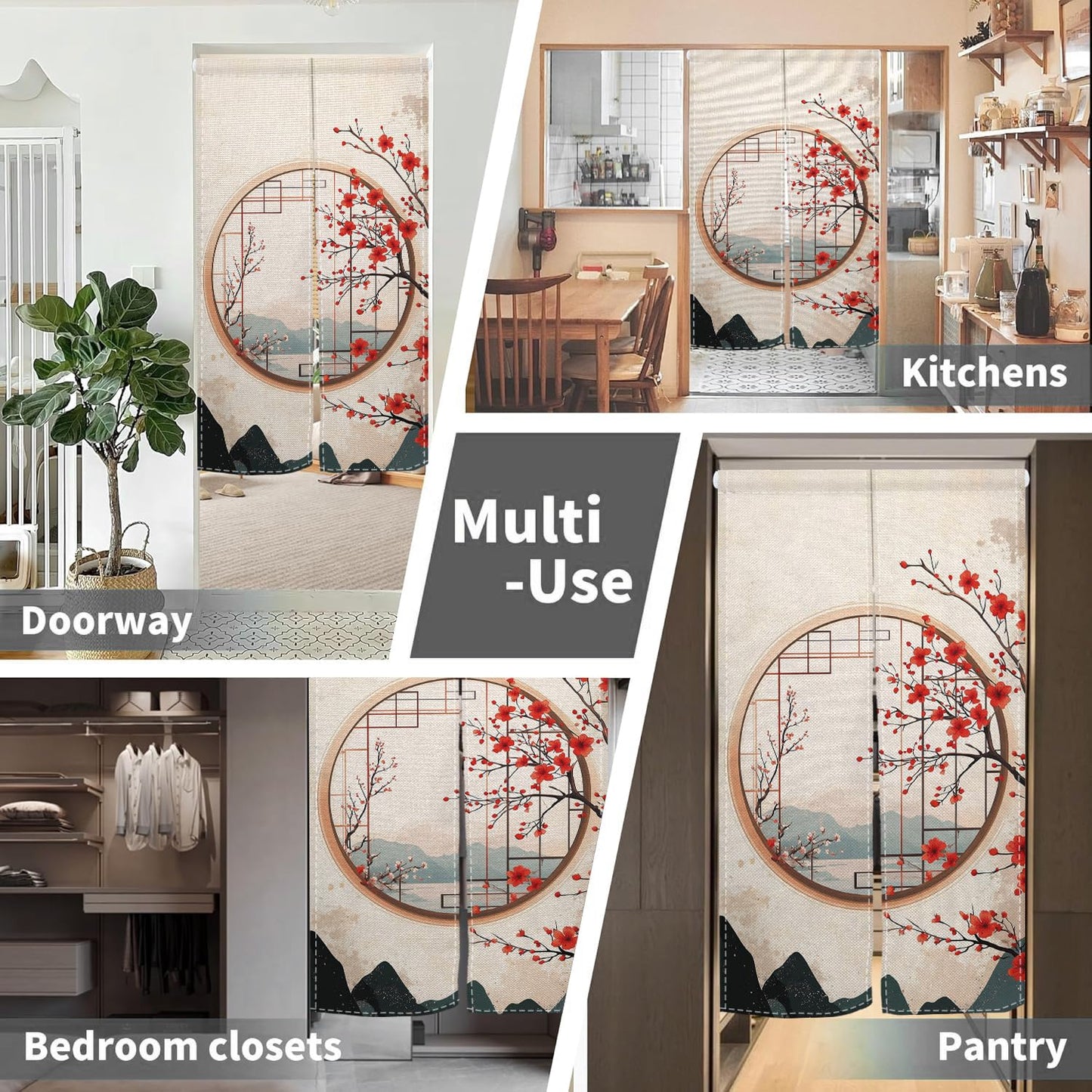 Leowefowa Japanese Noren Curtain Doorway Window Red Blossom Printed Treatment Feng Shui Long Curtain Doorway Tapestry Panel for Room Divider Kitchen Home Chinese Decor (Kahki, Mount), 33.5"x 70.9"