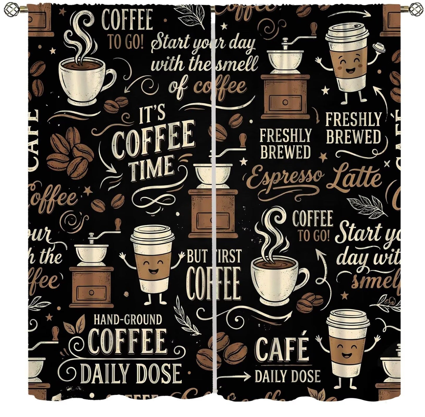 PHTAYOT Coffee Curtains Brown Beans Cups Abstract Letters Afternoon Tea Theme Pattern Blackout Window Drapes for Kitchen Living Room Bedroom,42x54 Inch,2 Panels