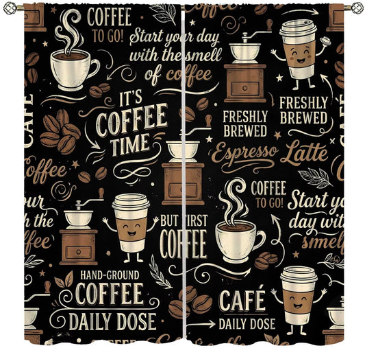 PHTAYOT Coffee Curtains Brown Beans Cups Abstract Letters Afternoon Tea Theme Pattern Blackout Window Drapes for Kitchen Living Room Bedroom,42x54 Inch,2 Panels