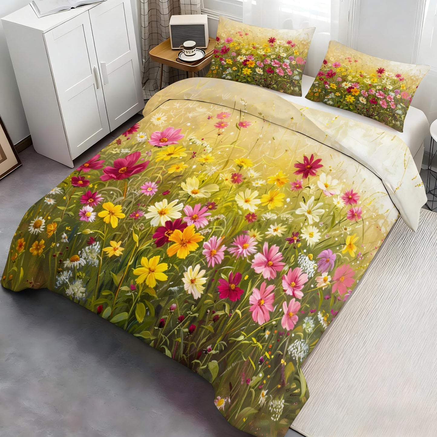QINYUN Floral Comforter Set Oversized King, Vibrant Floral Bedding Set 3 Piece, Spring Wildflower Duvet Cover with Zipper & Ties, 2 Pillowcases