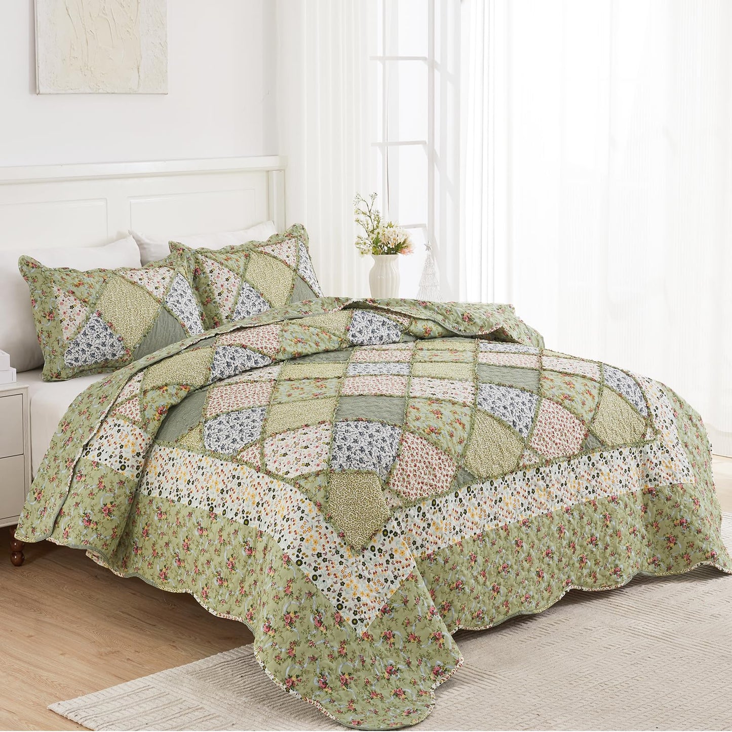 VIVILINEN Full Queen Size Green Patchwork Quilt Set Reversible Quilted Bedspread Coverlet Set 3-Piece Floral Lightweight Comforter Stitched Bedding Set Bed Sheet Set Cover Blanket with 2 Pillow Shams