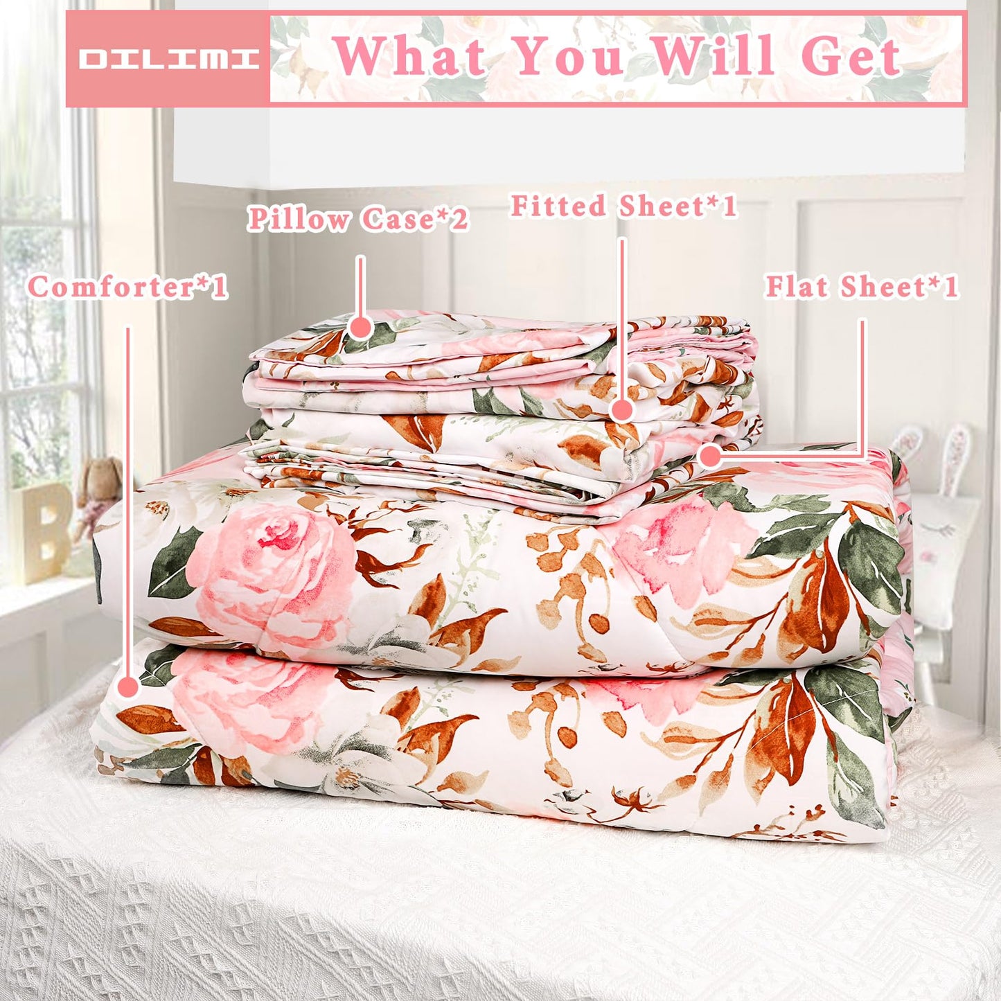 DILIMI Full Size Comforter Set for Girls, Reversible 5 Pieces Full Bedding Set, 5 Pieces Ultra Soft Pink Floral Full Size Bed Comforter Sets with Sheet, Comforter, Flat Sheet, 2 Pillowcase