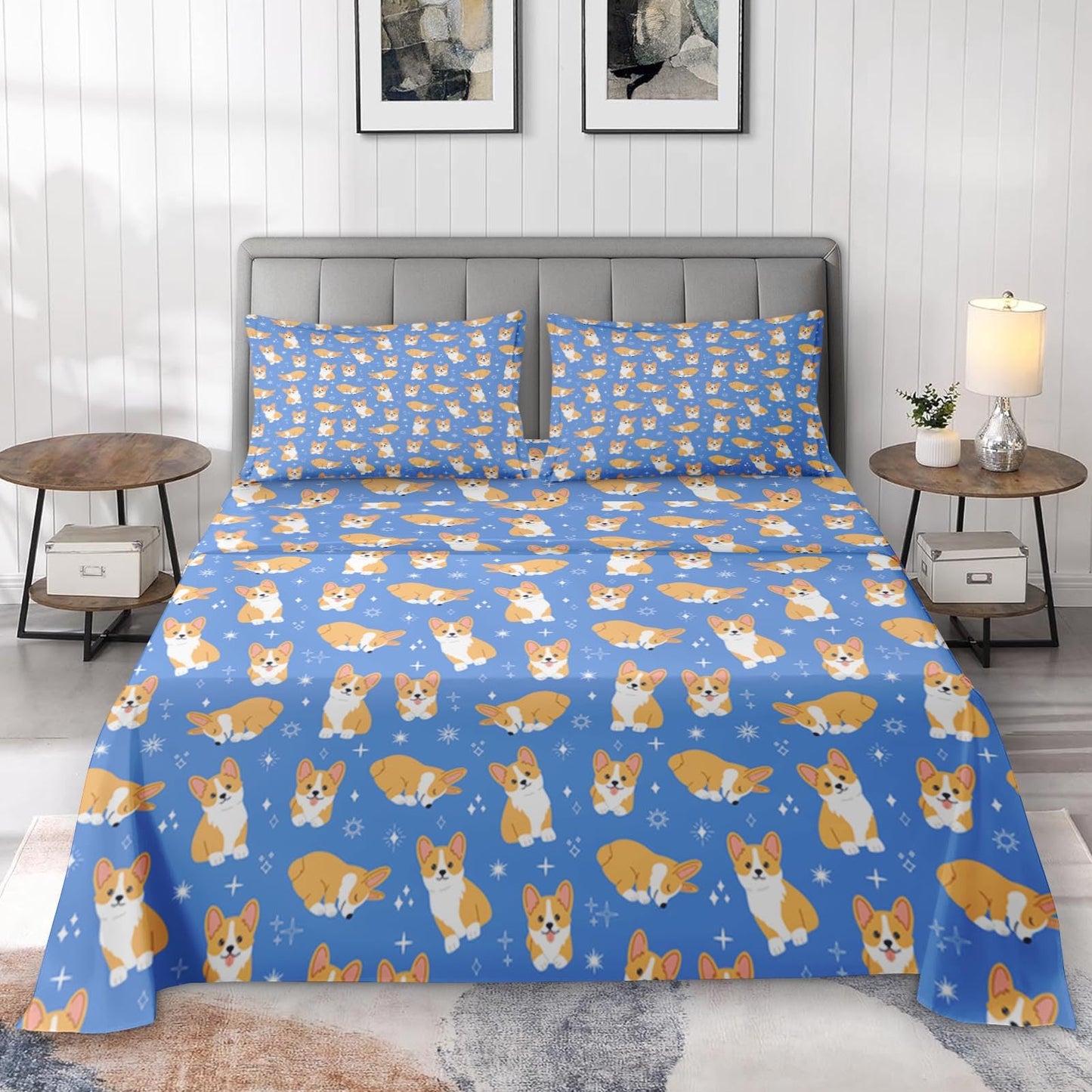 Pamnest Queen Size Bed Sheet Sets, Kawaii Cute Corgi Soft Microfiber 4 Pcs Bedding Sets for Kids and Adults Bedroom Bed Decor, Dog Animal Flat, Fitted Sheet and 2 Pillowcases