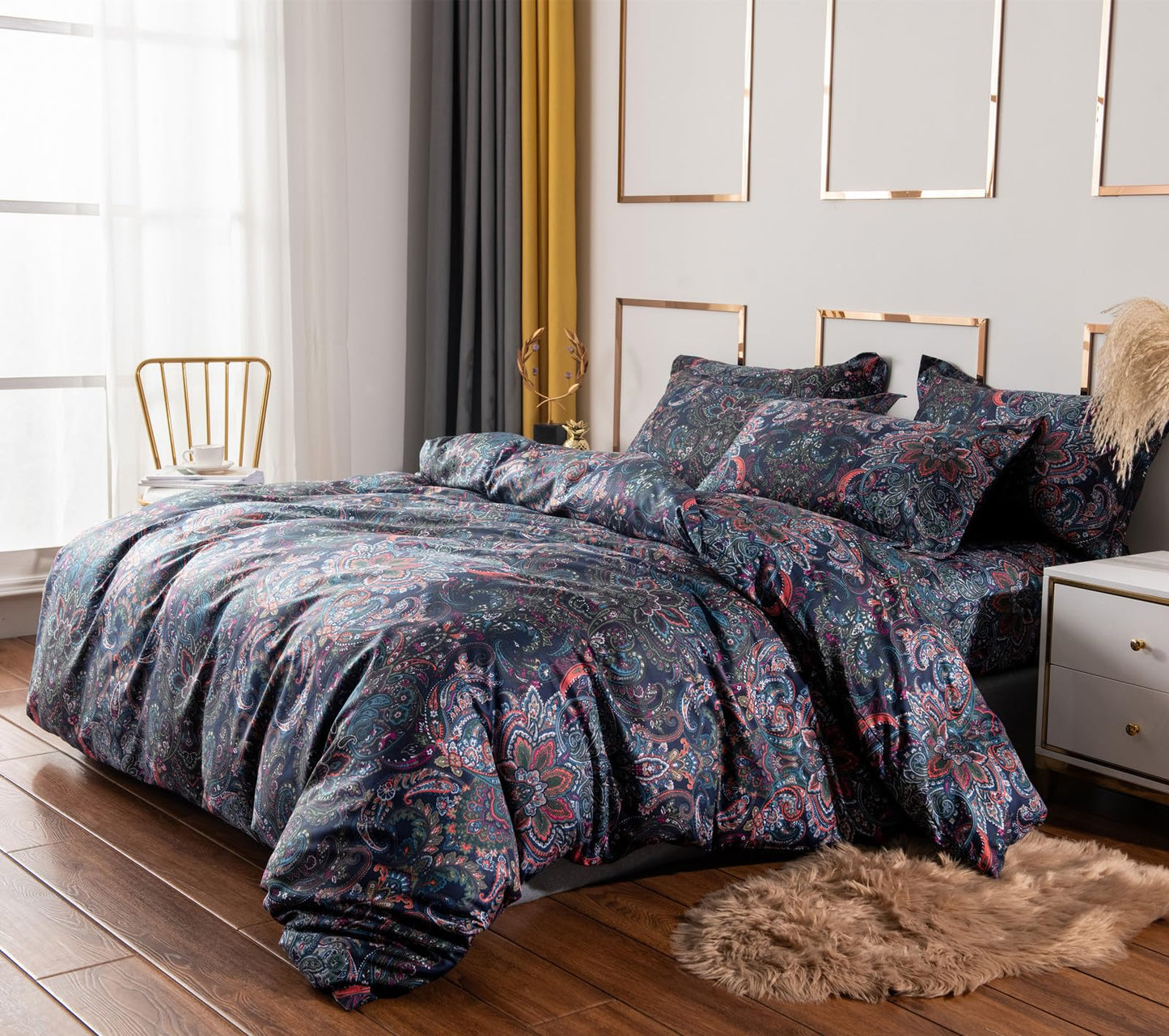 VM VOUGEMARKET Retro Paisley Duvet Cover Queen Size Boho Damask Duvet Cover Sets 100% Brushed Cotton Bedding Set,1 Duvet Cover and 2 Pillow Shams for All Seasons-Stormy Blue