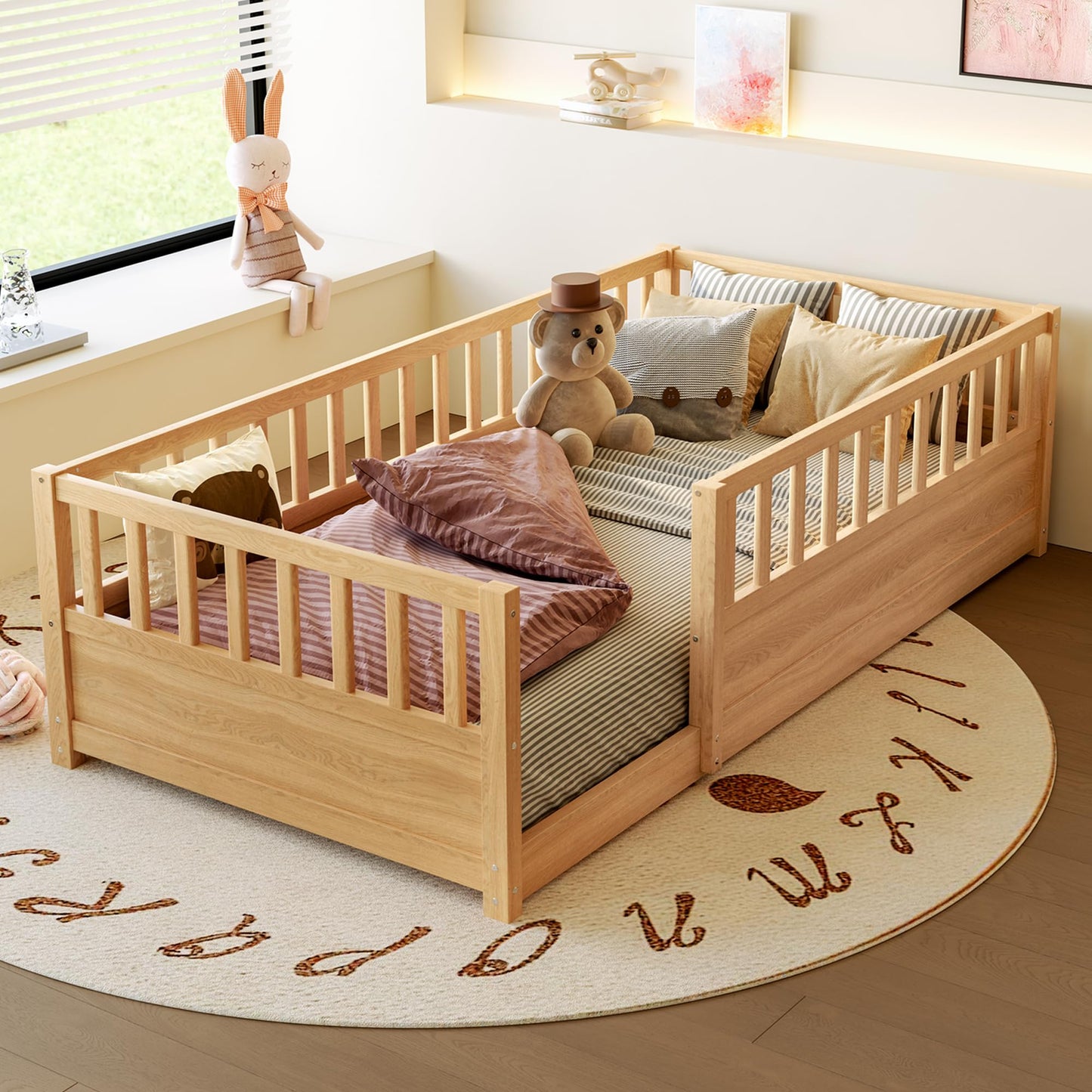 Leholume Twin Size Floor Bed with High Safety Guardrail - Solid Wood Low Profile Frame with Slats, Children's Floor Bed Frame, Easy Assembly for Kids, Natural