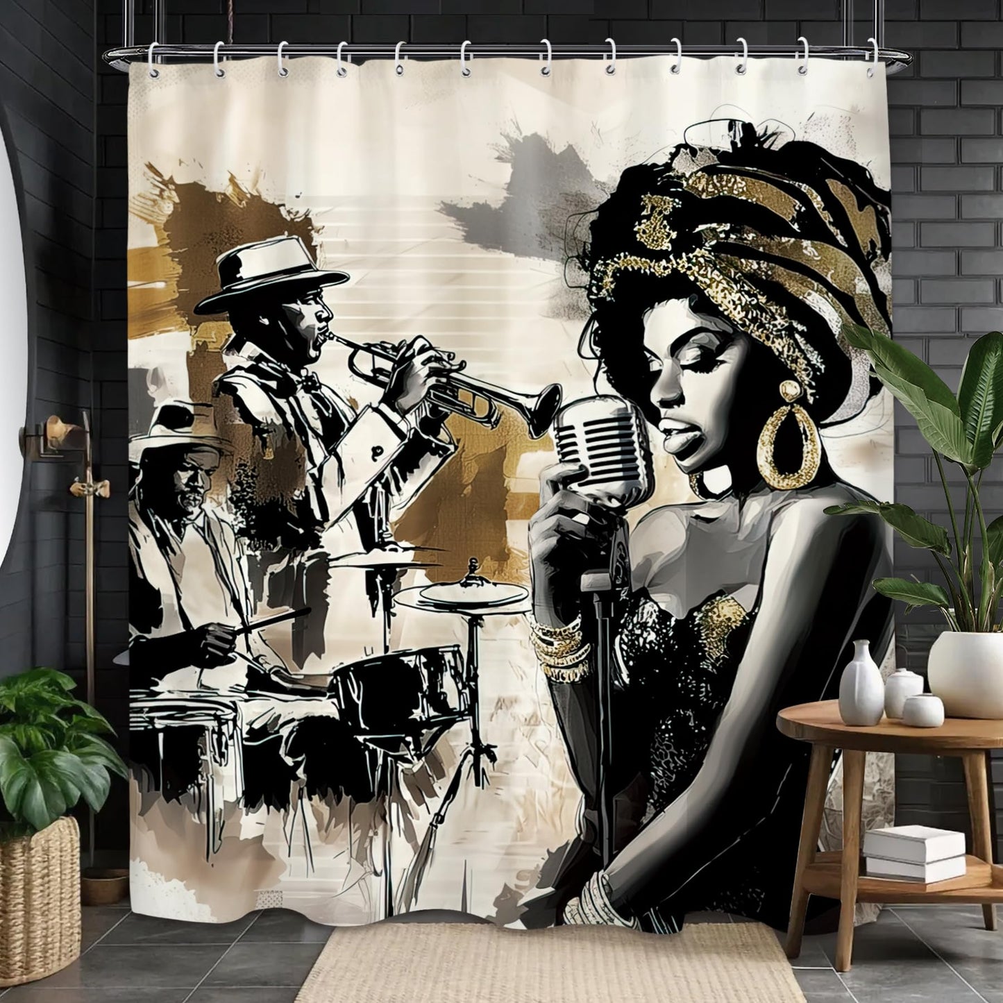 Glioown African American Shower Curtain 60Wx71L, Music Band Shower Curtains for Bathroom, Black Woman Lady Hippie Shower Curtain Set 12 Pack Hooks