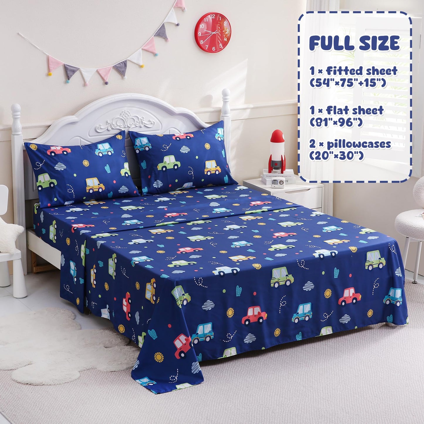Ocharo Kids Sheet Set Full Size,Boys Sheet Set with Colorful Cars Pattern,Kids Cute Car Bed Sheet Navy Blue Soft Microfiber Deep Pocket Bedding Sheets and Pillowcases 4 Pieces.