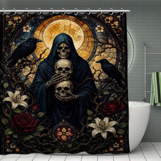 bladesgsd Gothic Skulls and Ravens Stained Glass Art Shower Curtain with 12 Hooks 72x72Inch, Polyester Bathroom Curtain, Privacy Shower Curtain for Bathtub, Shower Stall, Apartment, Guest Bathroom