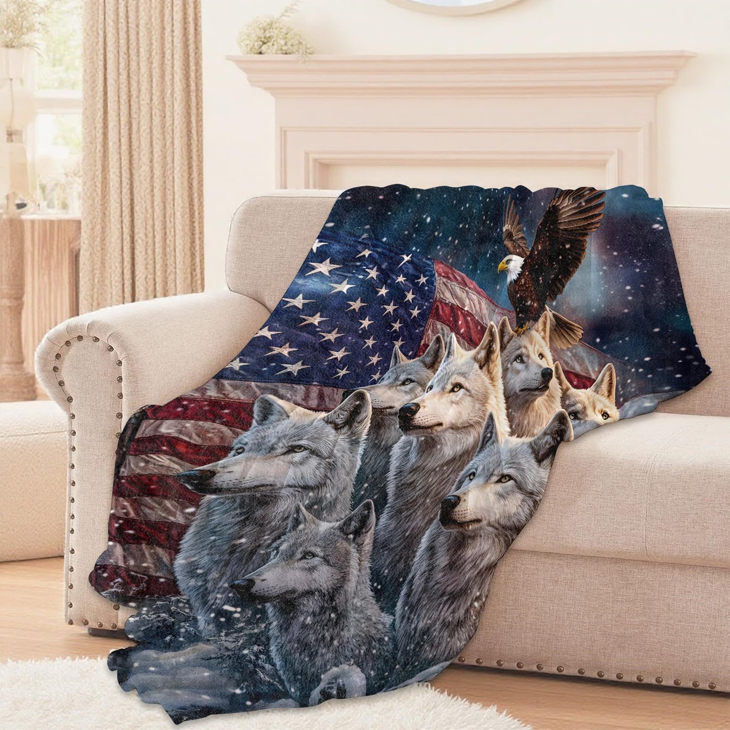 Lugiu Patriotic Wolf Pack Blanket, Lightweight Comfy Majestic Wolves & Bald Eagle Blankets for Couch Sofa Bedroom, Soft Plush Travel Flannel Throw Blanket Gifts for Adults Kids Women, Decor 60×50in