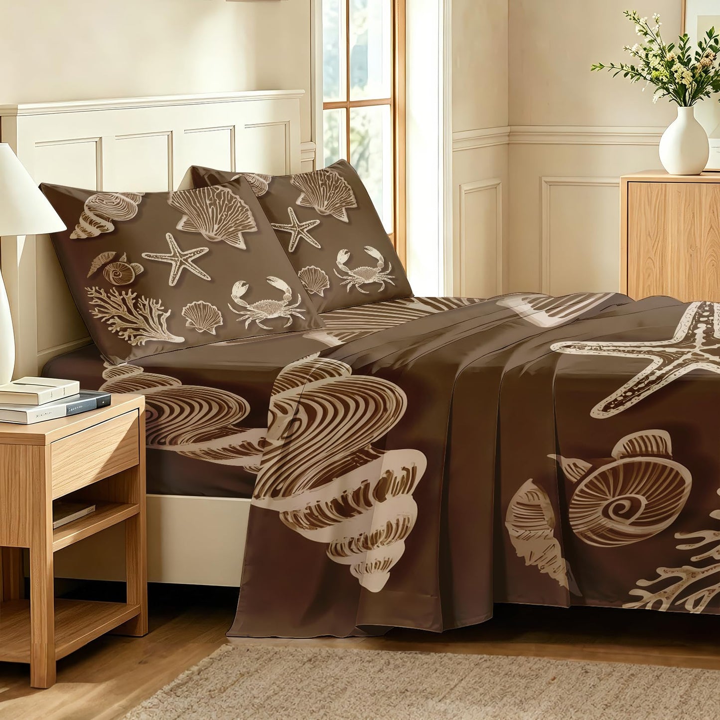 Seashell Full Sheet Set 4 Pcs Brown Coastal Bed Sheets