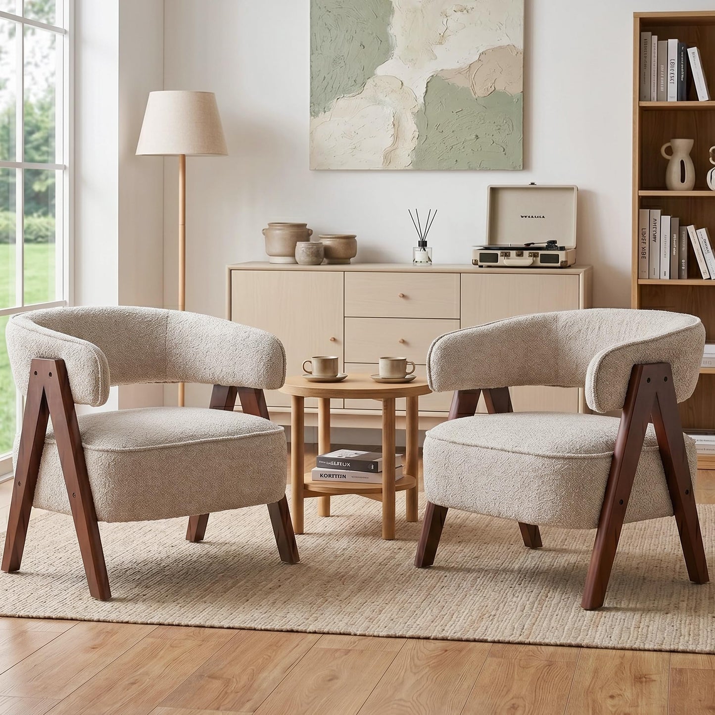 Rowill Boucle Accent Chair Set of 2, Round Upholstered Arm Barrel Chairs with Curved Backrest, Solid Wood Legs, Thick Cushion, for Living Room, Reading Nooks, Sunroom, Balcony, Bedroom, Brown