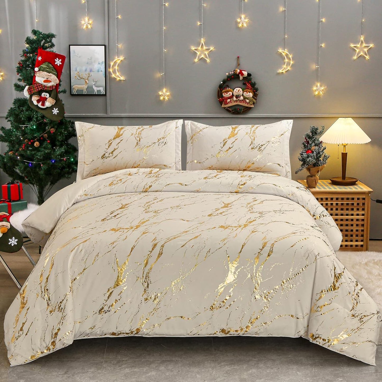 WONGS BEDDING Khaki Gold Metallic Marble Comforter Set Queen Foil Print Glitter Bedding Sets with 2 Pillowcases for All Seasons, Soft Microfiber Filling Bedding Duvet Set 90"x90"