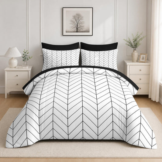 Boewywh Comforter Set Twin Size Geometric Farmhouse Modern 7 Pcs, Bedding for Kids and Adults, Minimalist Black Bed Sheet Sets with Fitted Sheet 2 Pillowcases & 2 Shams for Bedroom Bed Decor
