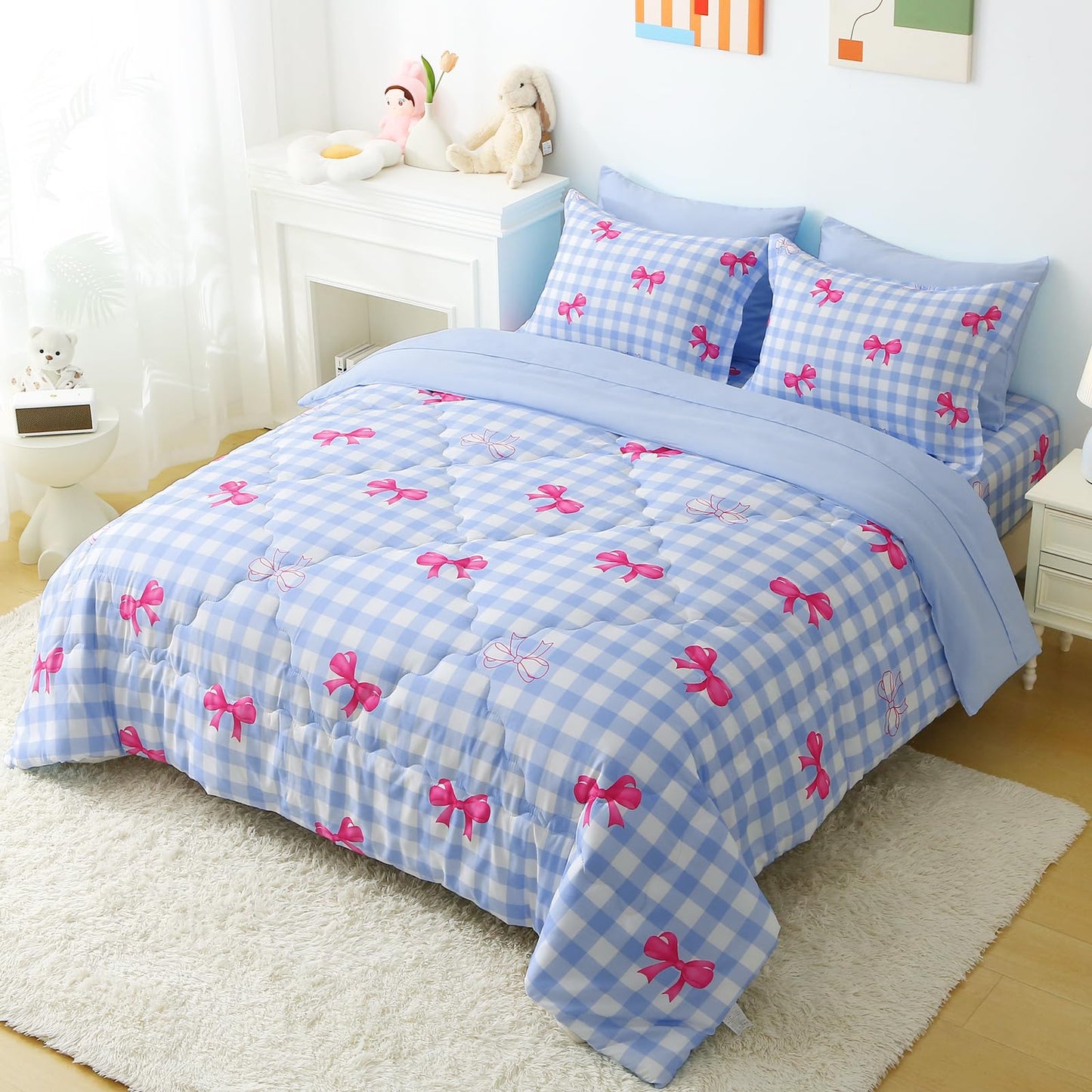 Wajade Bow Comforter Set 7 Piece Blue White Plaid Comforter Sets for Girls Kids Full Size Checkered Bedding Set with Sheet and 2 Pillowcases 2 Pillow Shams Cute Girls Bed in a Bag as Birthday Choice