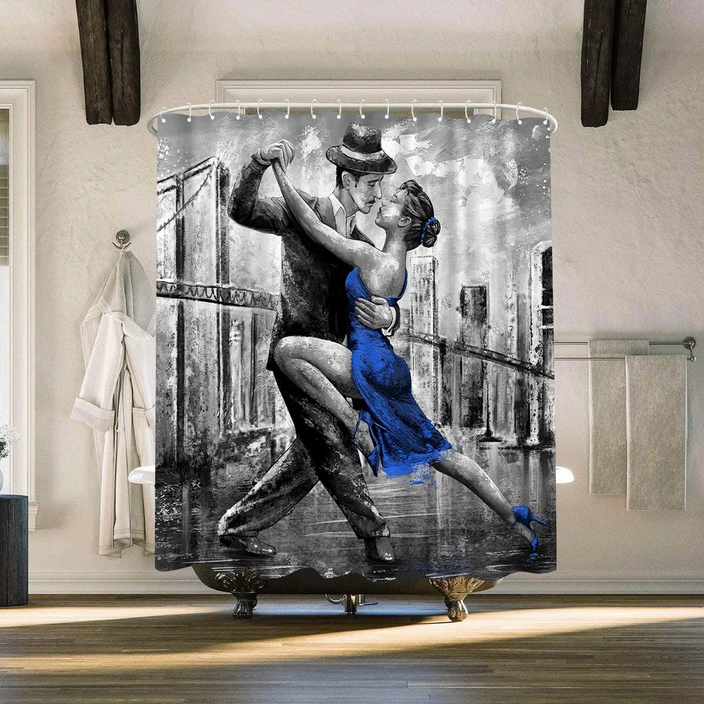 Conipit Dancing Couple Shower Curtain Black White Blue Shower Curtains Romantic Bathroom Curtain Waterproof Polyester Fabric 72"X72" with Hooks