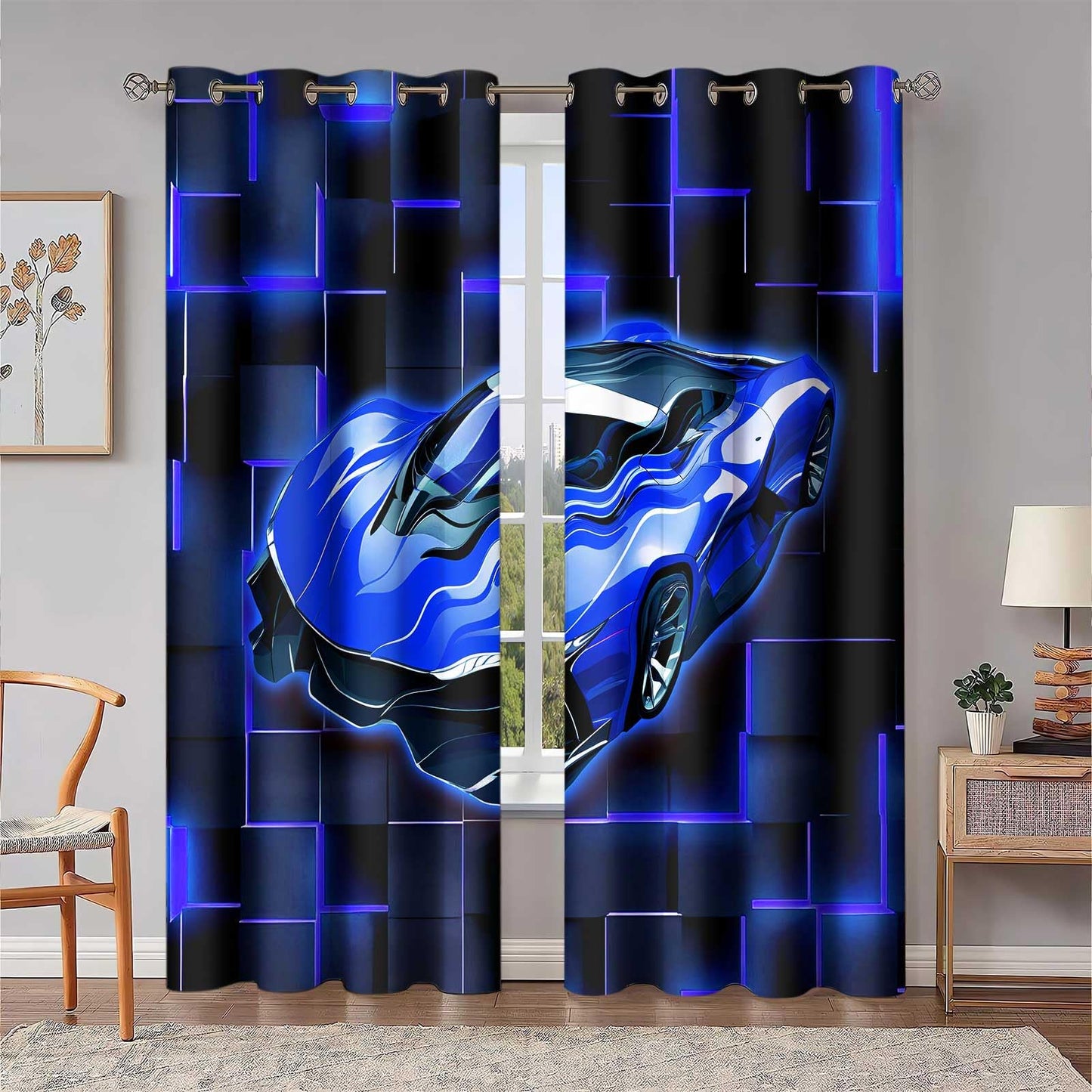 HIYSMT Race Car Curtains,Racing Blue Sports Car Curtain,4284inch Black Blue Geometric Checkered Blackout Window Drapes for Boy Bedroom Game Room 2Panels HILC07