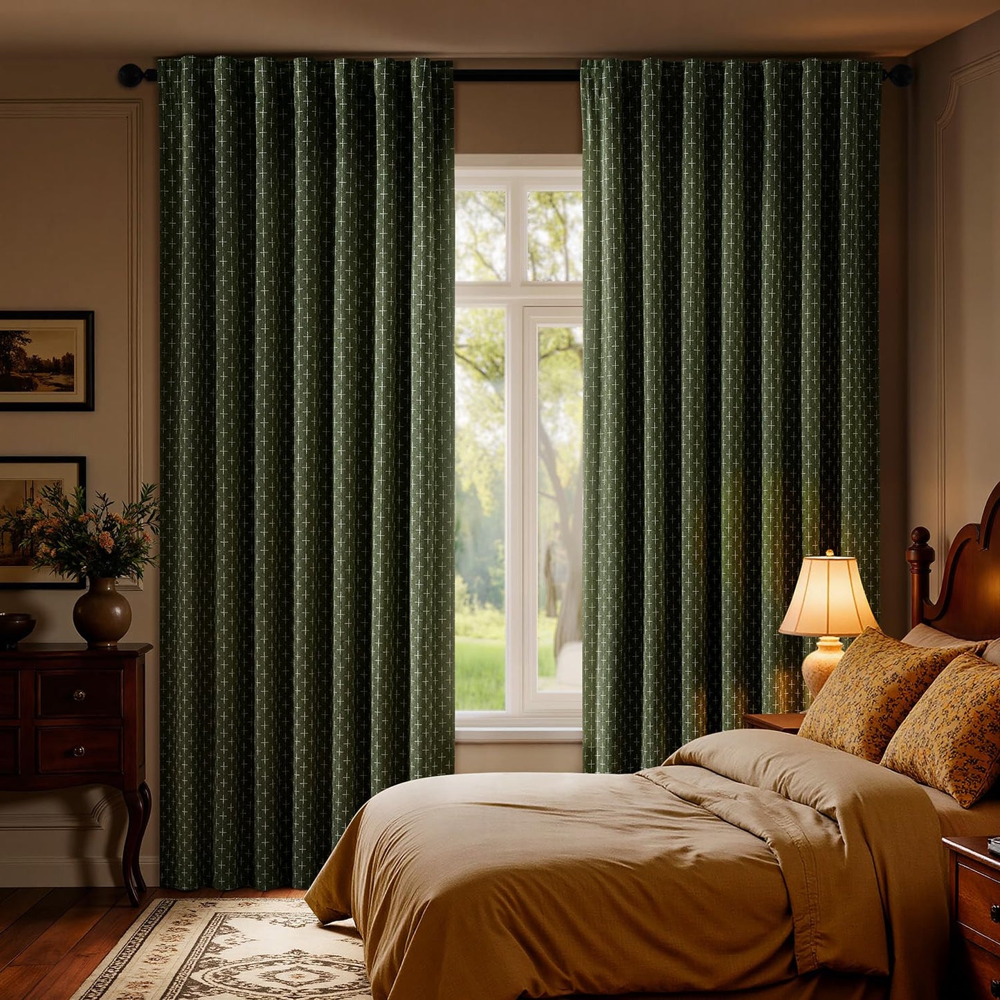 MIULEE 100% Blackout Decorative Linen Striped Curtains with Geometric Pattern, Thick Woven Farmhouse Western Rustic Drapes with Back Tab for Bedroom/Living Room, Olive Green, 52 x 84 Inches, 2 Panels