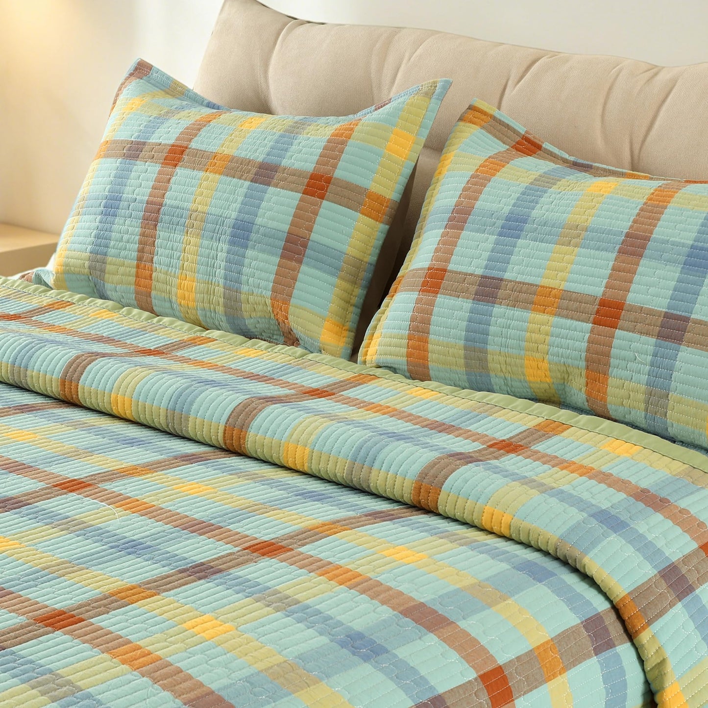 Yonvdns 3 Pieces 100% Cotton Quilt Set Twin Size,Hypoallergenic for Sensitive Skin,Lightweight All Season Coverlet Set, No Clumping After Wash,Anti-Static(Green Checkered, 90"x78")