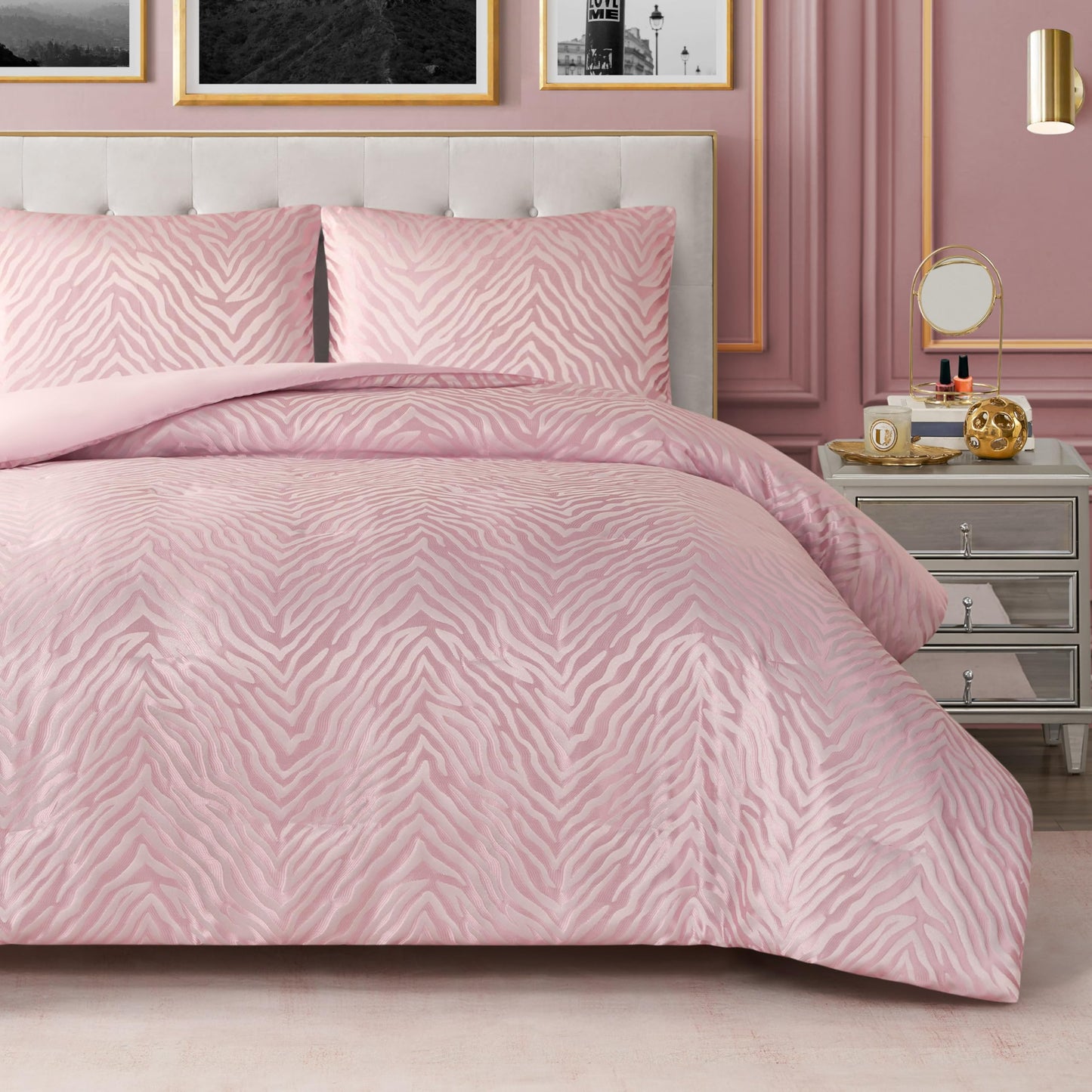 Juicy Couture Pink Marshmallow Sparkle Zebra Jacquard King Comforter Set - 3 Piece Stylish Bedding Ensemble