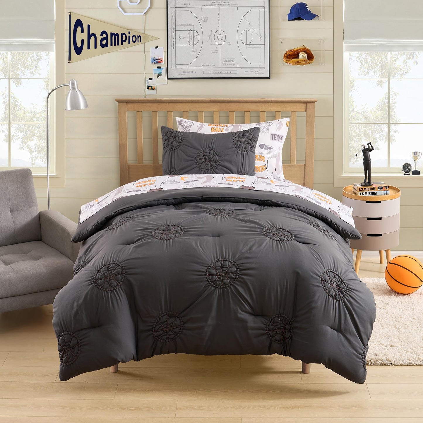 Basketball Pintuck Comforter Set Twin Size – Bed in a Bag with Sheets, Pillowcases & Shams – Soft Stylish Sports Bedding – All Season Boy’s Basketball Bed Set
