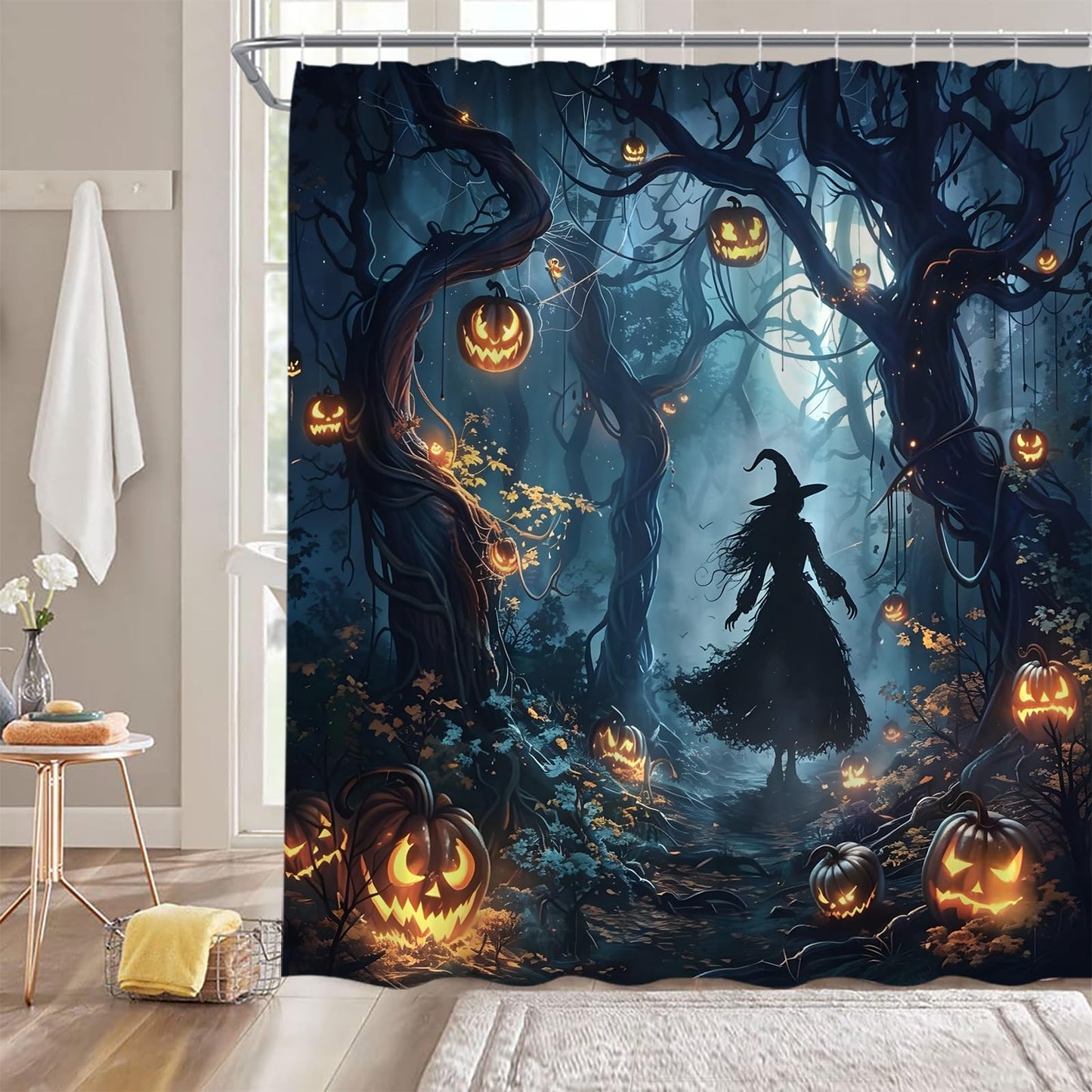 DSMEUE Halloween Witch Shower Curtain,Spooky Haunted Forest with Pumpkin Decor for Bathroom,Dark Gothic Blue Orange Fabric Curtain with Hooks,70x70 Inch