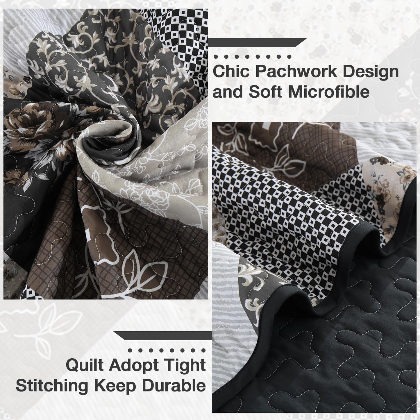 Dinjoy Black Brown Quilt Set King Size,Reversible Floral Plaid Patchwork Pattern Bedding Set Soft Microfiber Lightweight Bedspread Coverlet 3 Piece Spring Summer Use (110"×90")